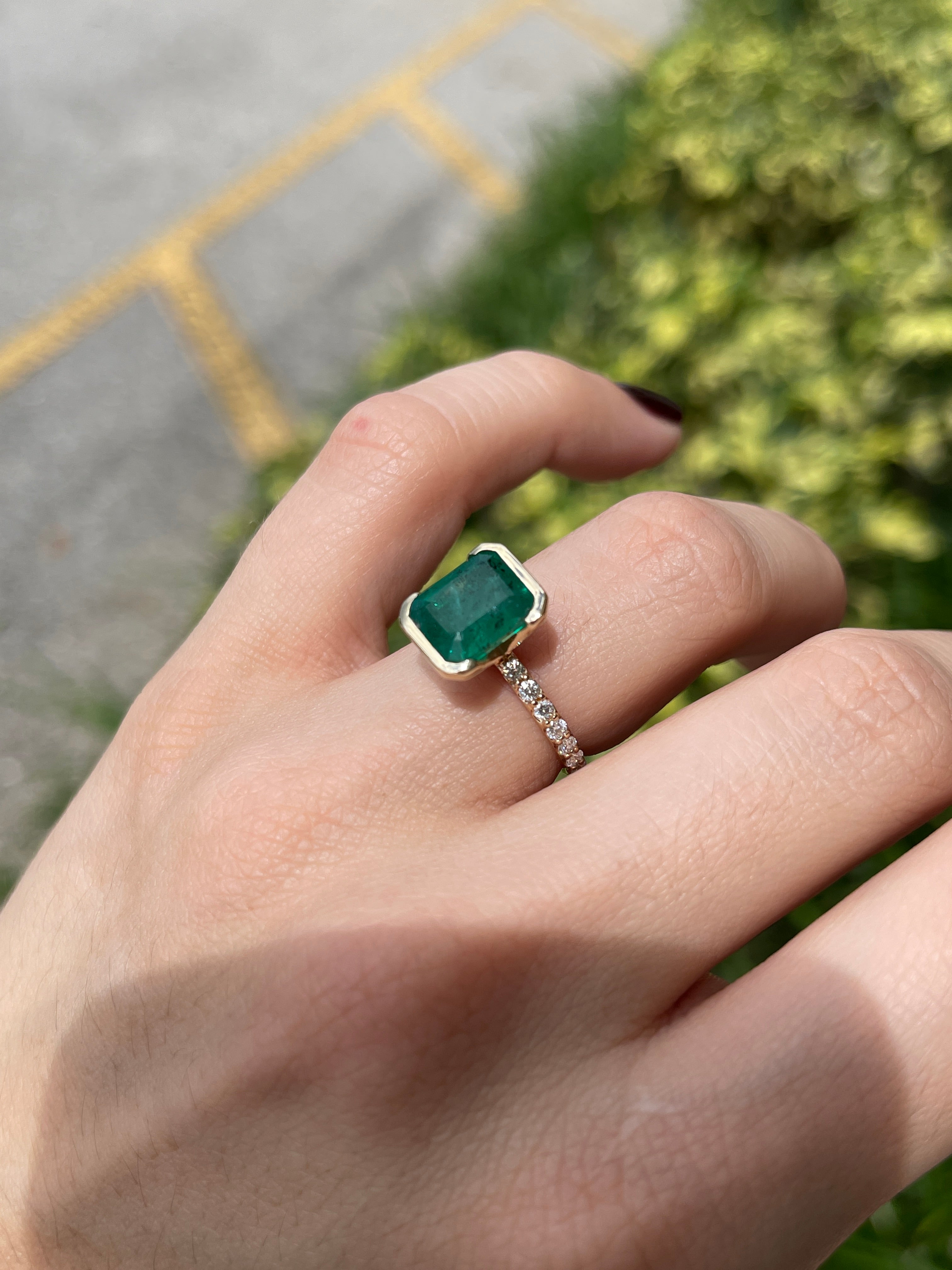 3.69tcw Stacking Friendly Semi Bezel Natural Emerald Solitaire with Diamond Accents 14K