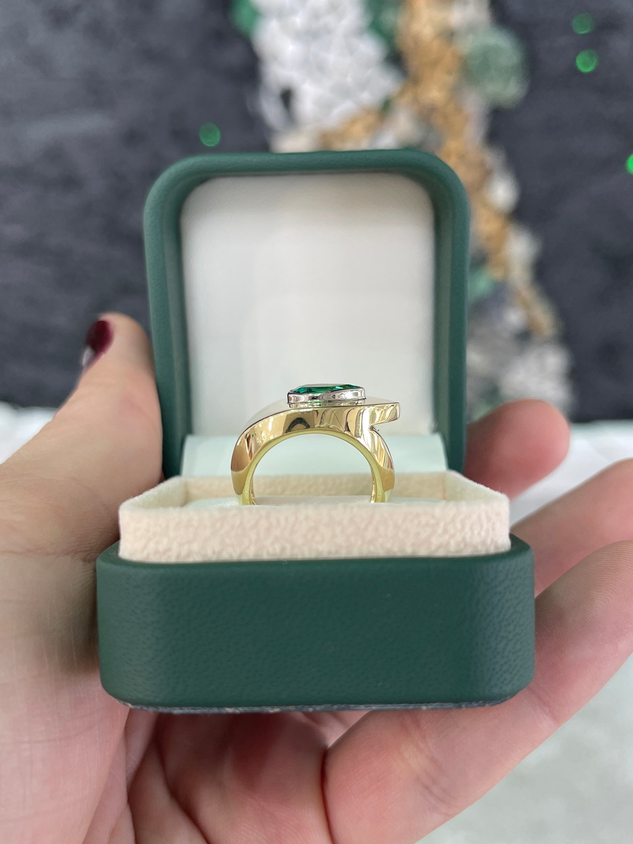 1.07cts XL East to West Pear Emerald Bezel Gypsy Ring 18K Two-Toned