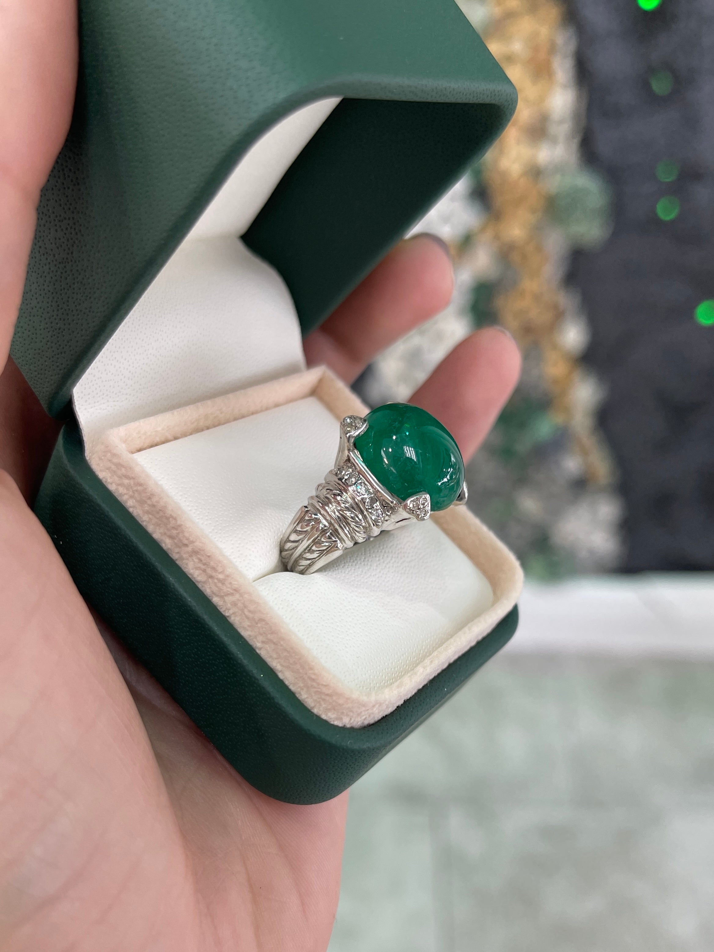 12.71tcw Large Deep Green Cabochon Colombian Emerald & Diamond Accent Statement Ring 14K