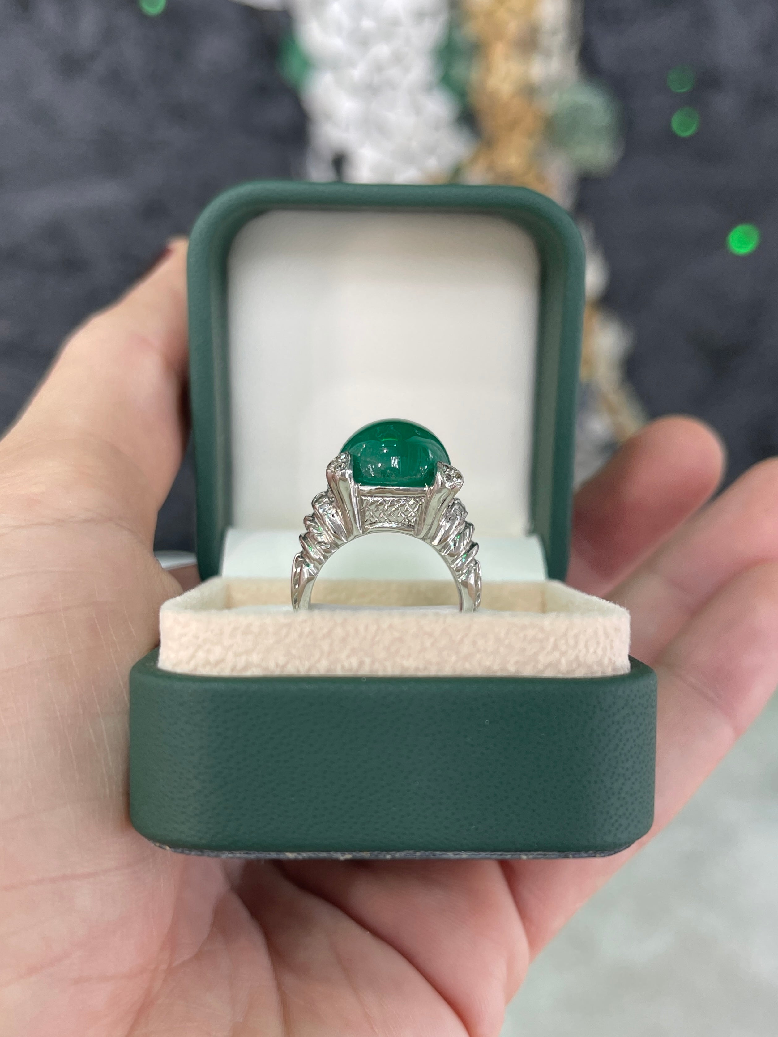 12.71tcw Large Deep Green Cabochon Colombian Emerald & Diamond Accent Statement Ring 14K