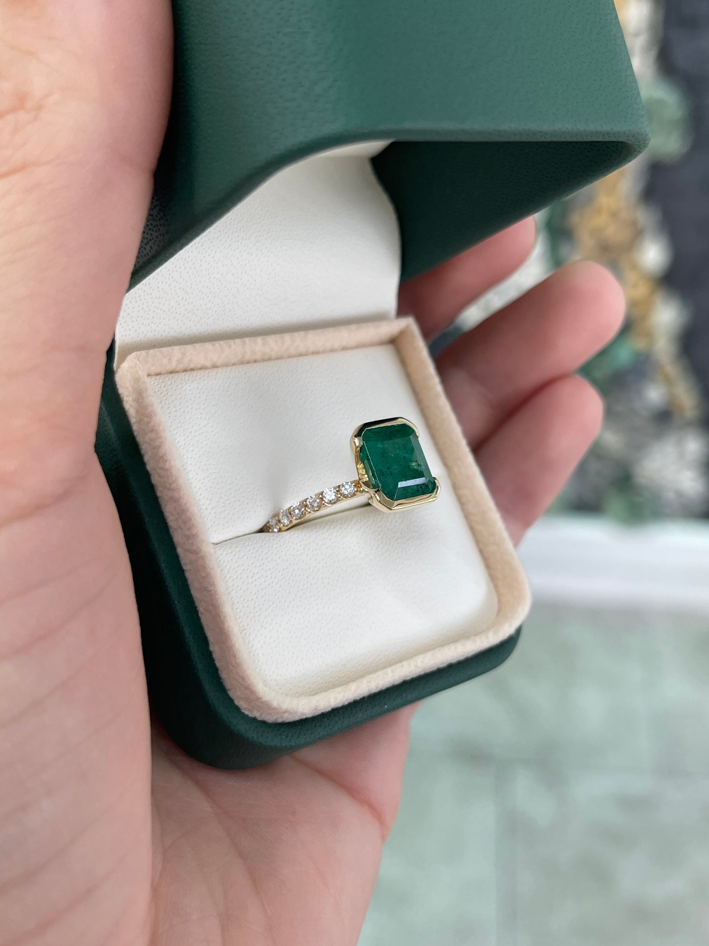 3.69tcw Stacking Friendly Semi Bezel Natural Emerald Solitaire with Diamond Accents 14K