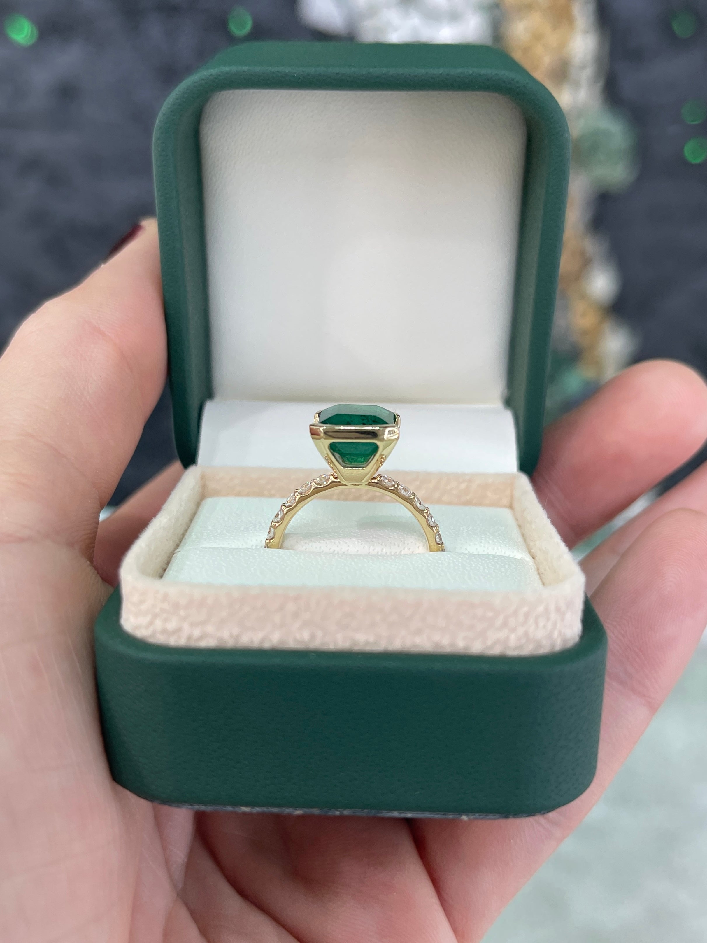 3.69tcw Stacking Friendly Semi Bezel Natural Emerald Solitaire with Diamond Accents 14K