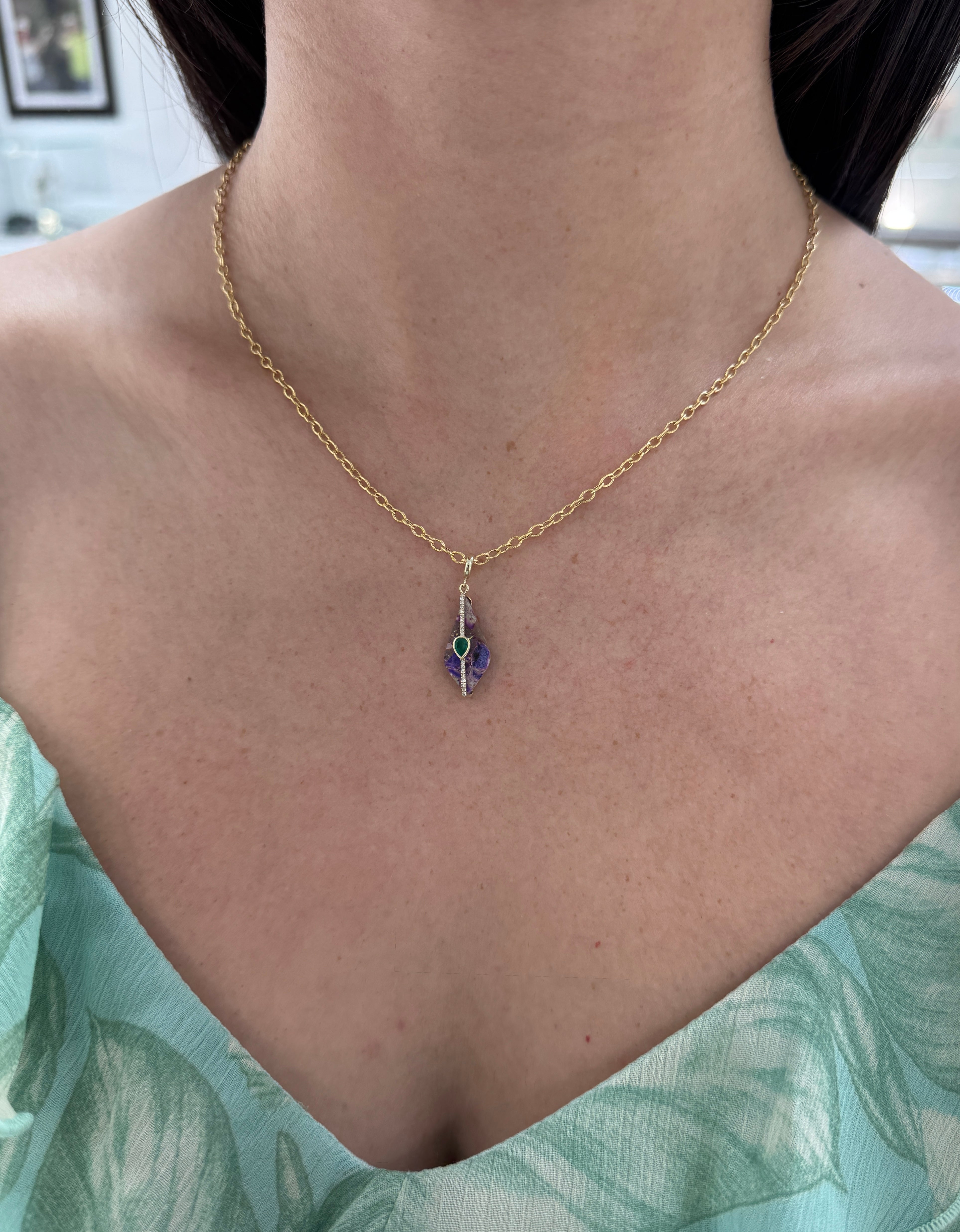 3.94tcw 14K Natural Purple Jasper, Emerald, & Diamond Pebble Pendant