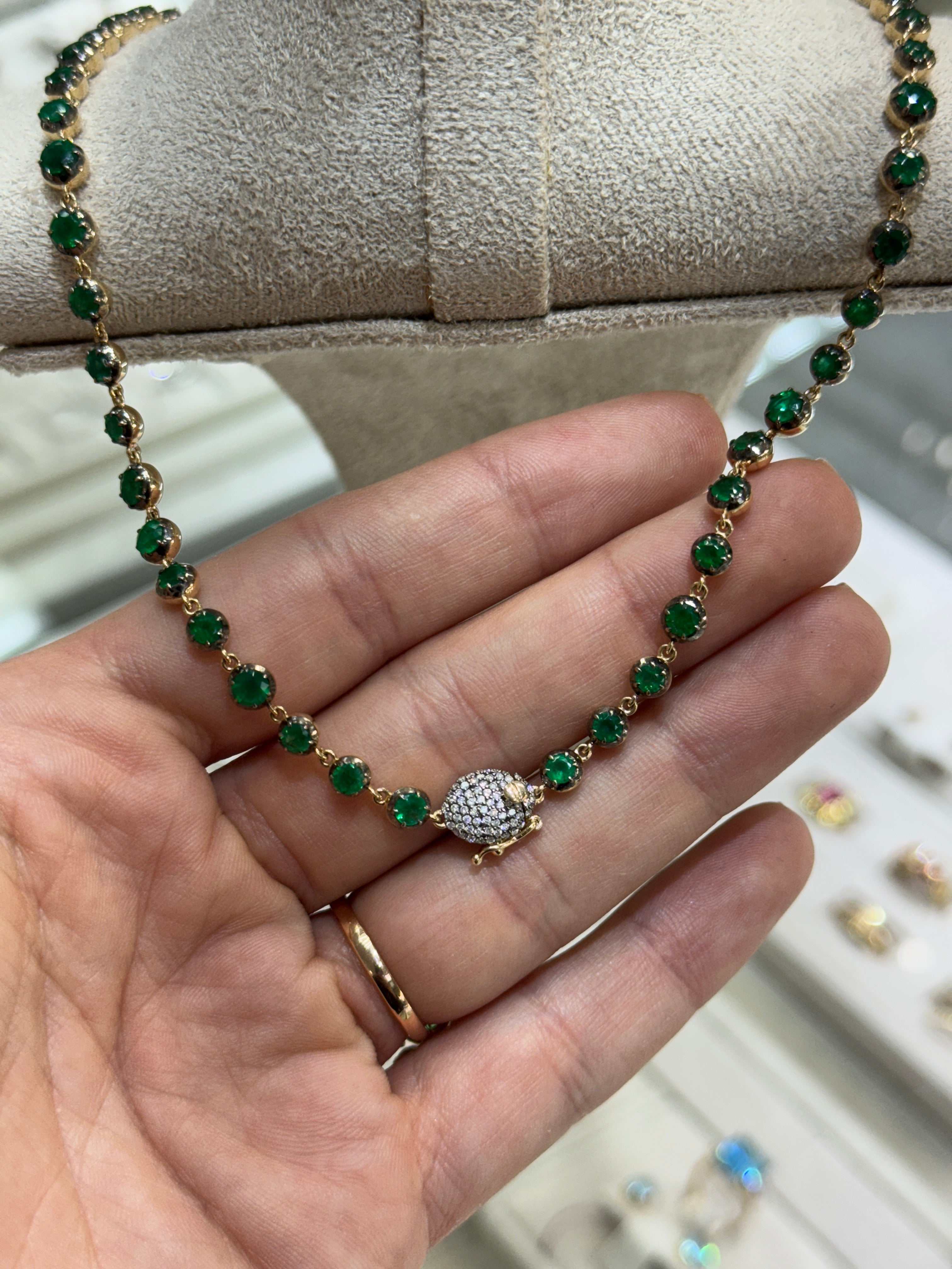 15.38tcw Round Emerald Button Back Tennis Necklace 14K