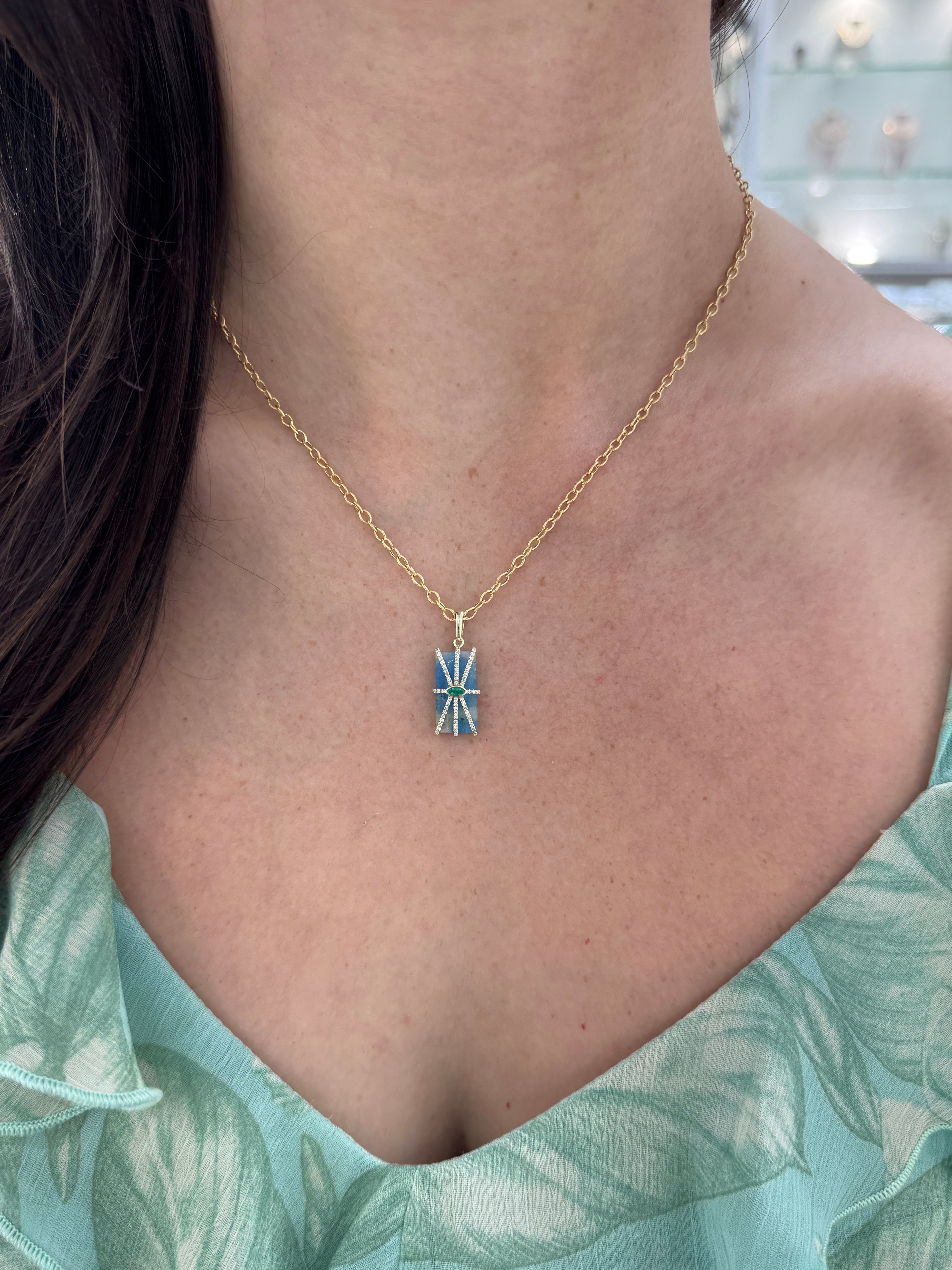 6.56tcw 14K Azurite, Emerald, & Diamond Pebble Pendant