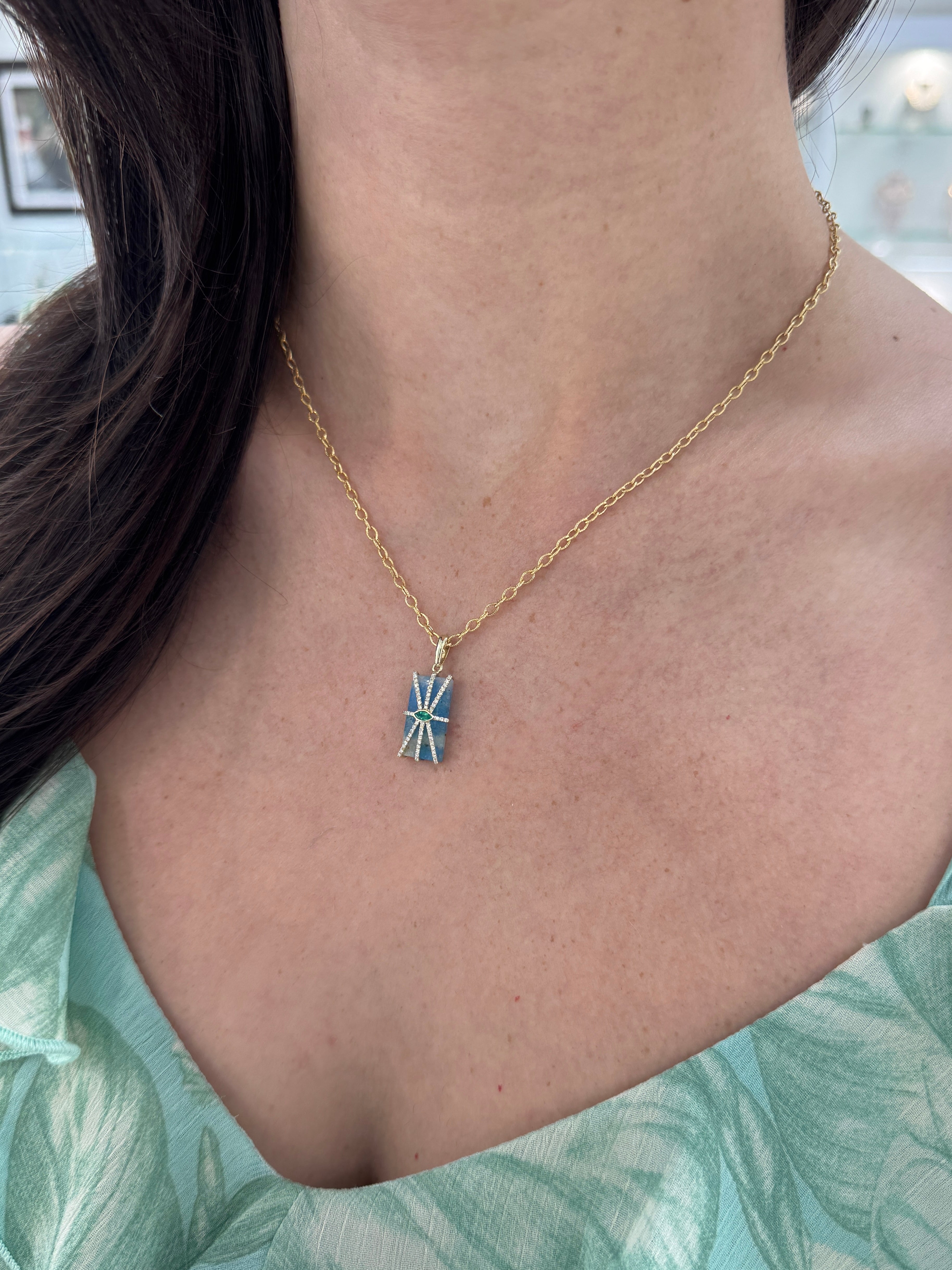 6.56tcw 14K Azurite, Emerald, & Diamond Pebble Pendant