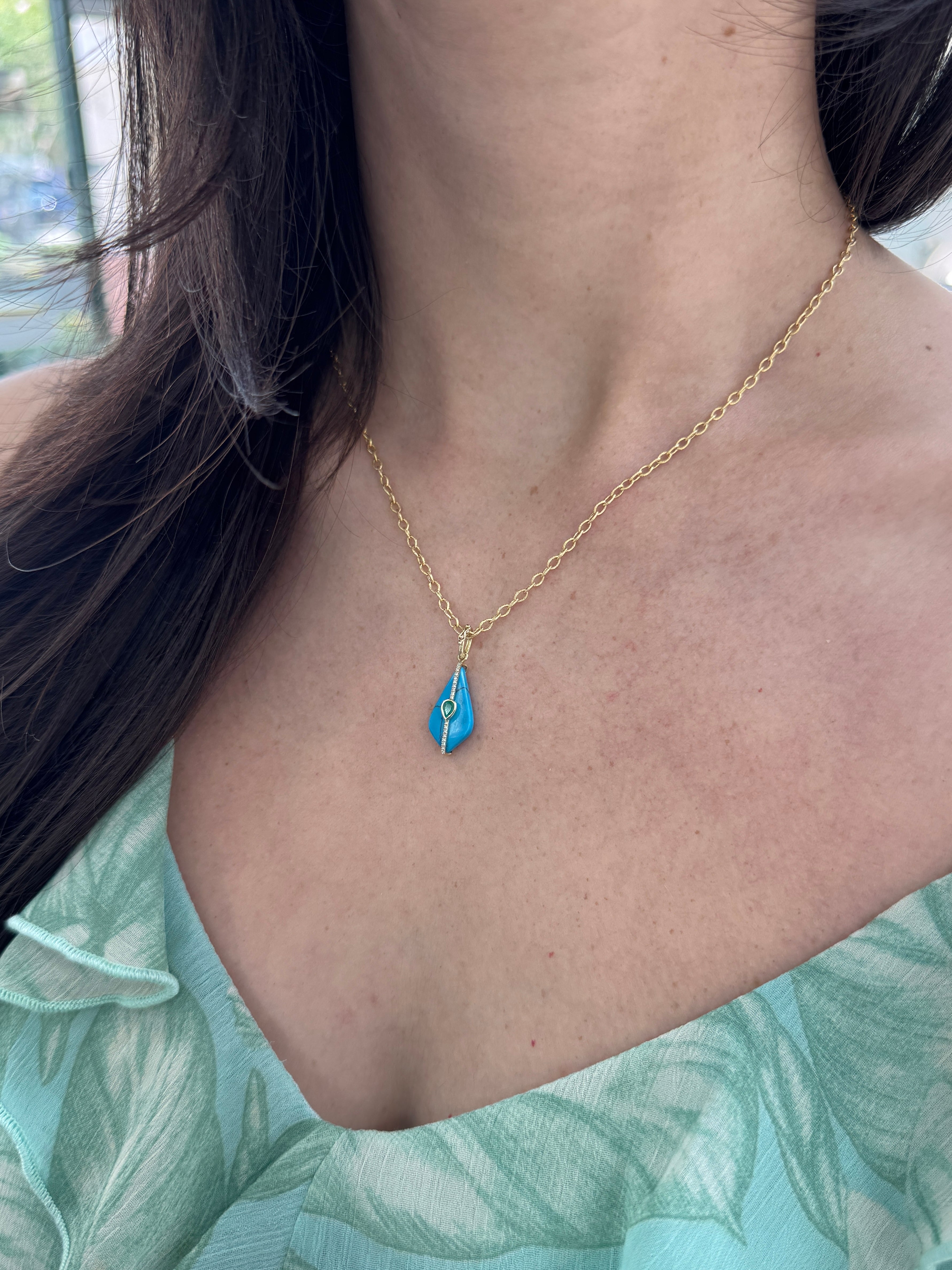 4.26tcw 14K Natural Turquoise, Emerald, & Diamond Pebble Pendant