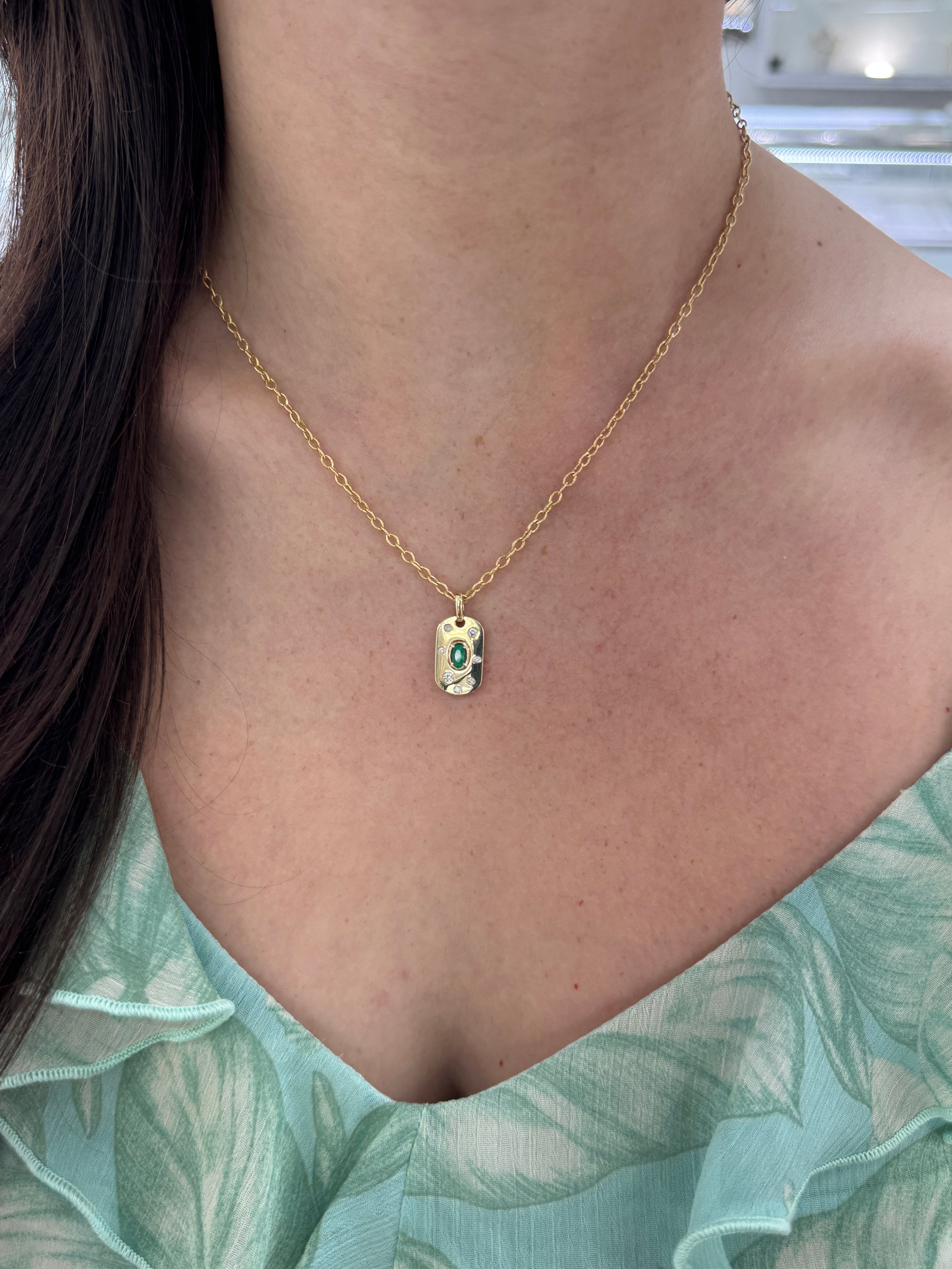14K Natural Oval Cut Emerald & Diamond Dog Tag Pendant