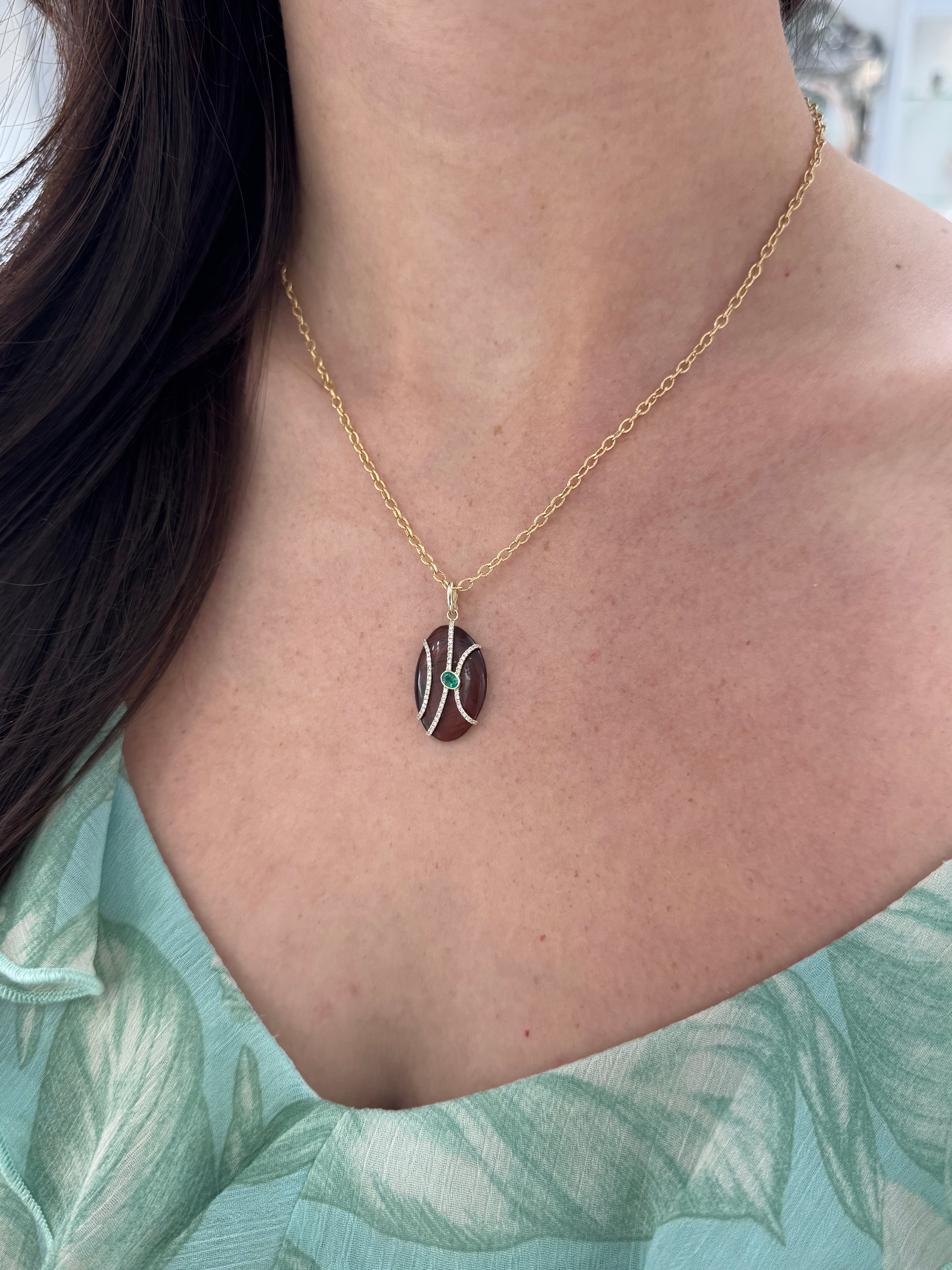 8.24tcw 14K Natural Tigers Eye, Emerald & Diamond Pave Pebble Pendant