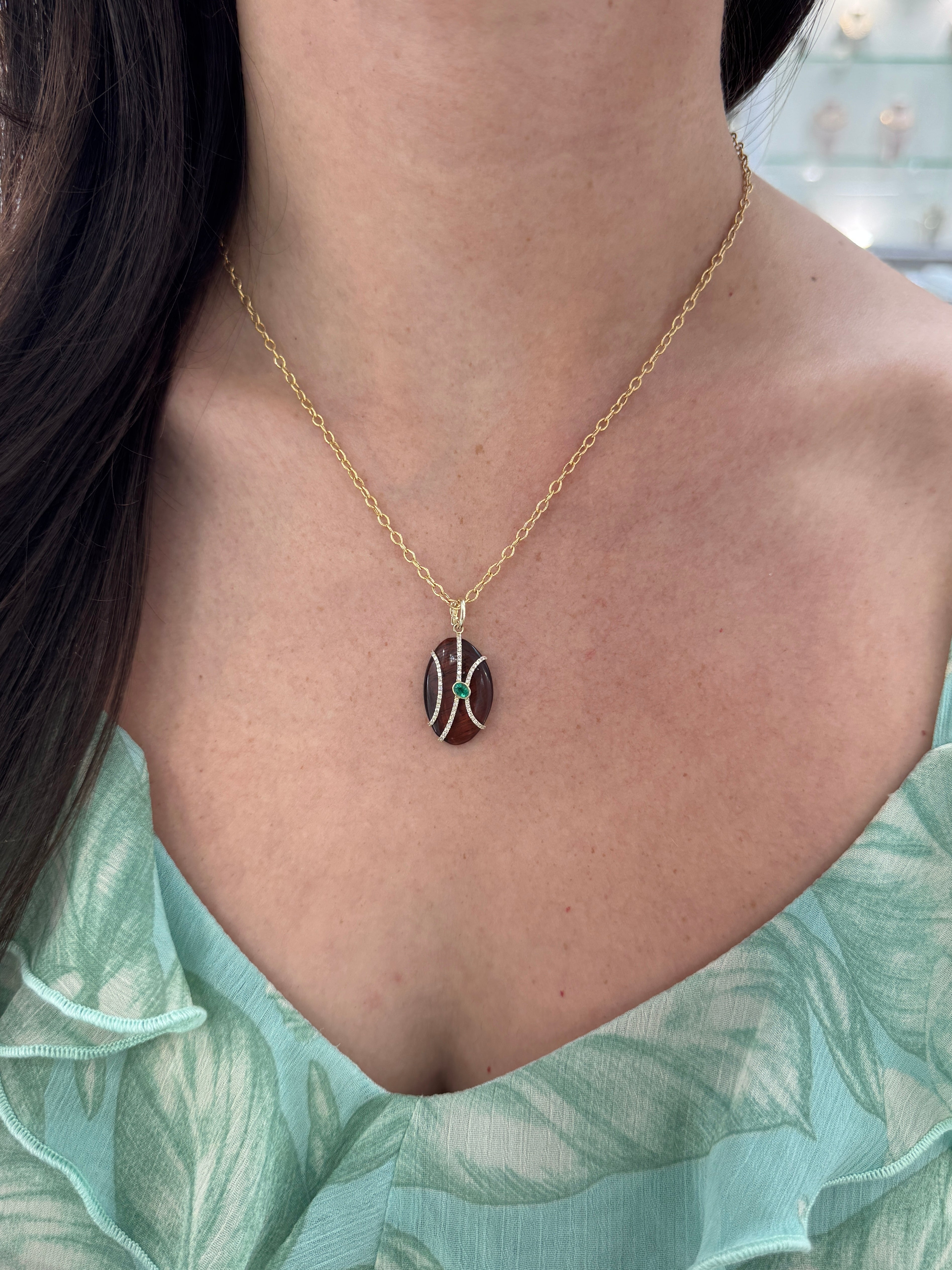 8.24tcw 14K Natural Tigers Eye, Emerald & Diamond Pave Pebble Pendant