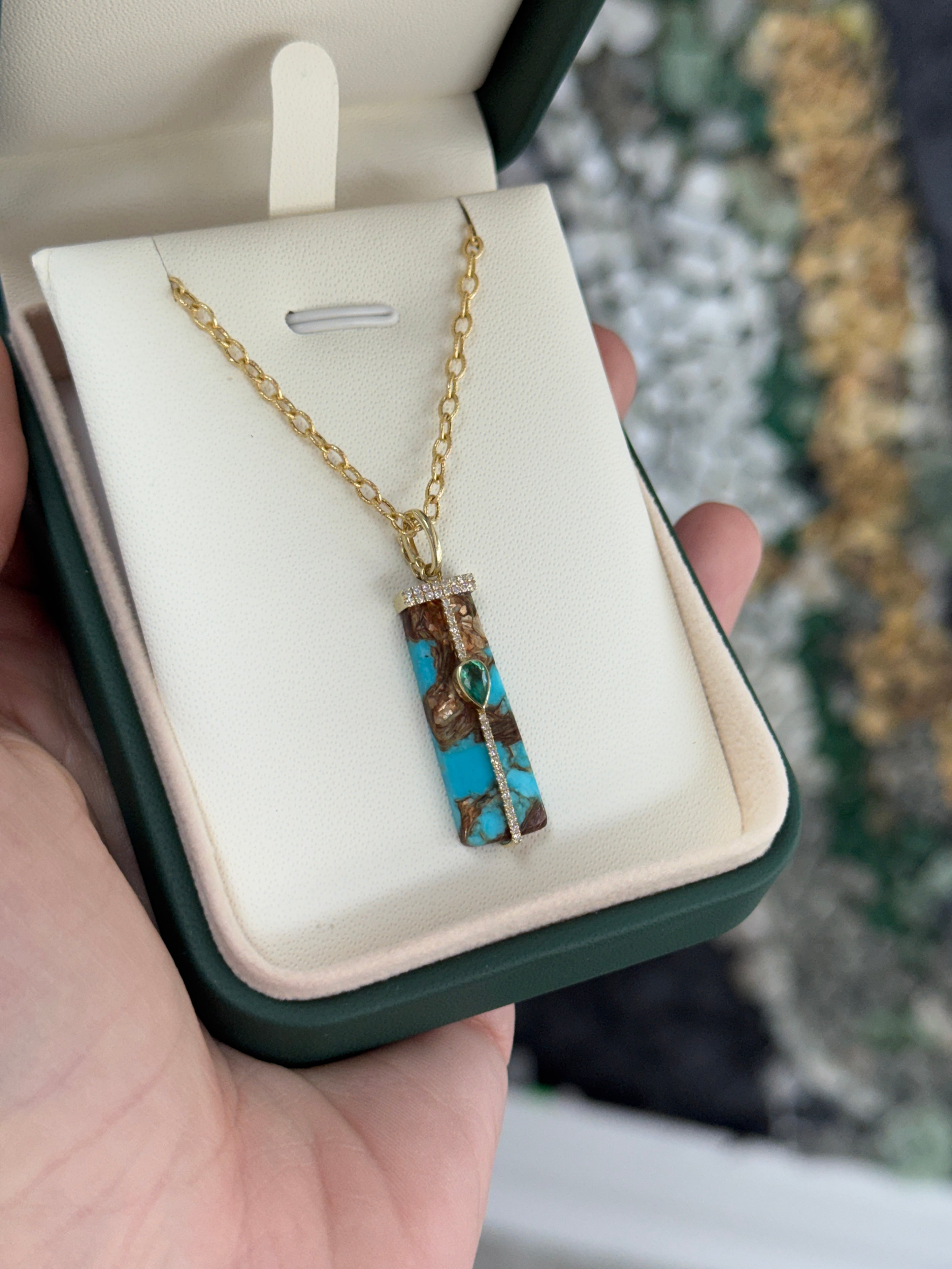 6.08tcw 14K Natural Turquoise, Emerald, & Diamond Pave Pebble Pendant