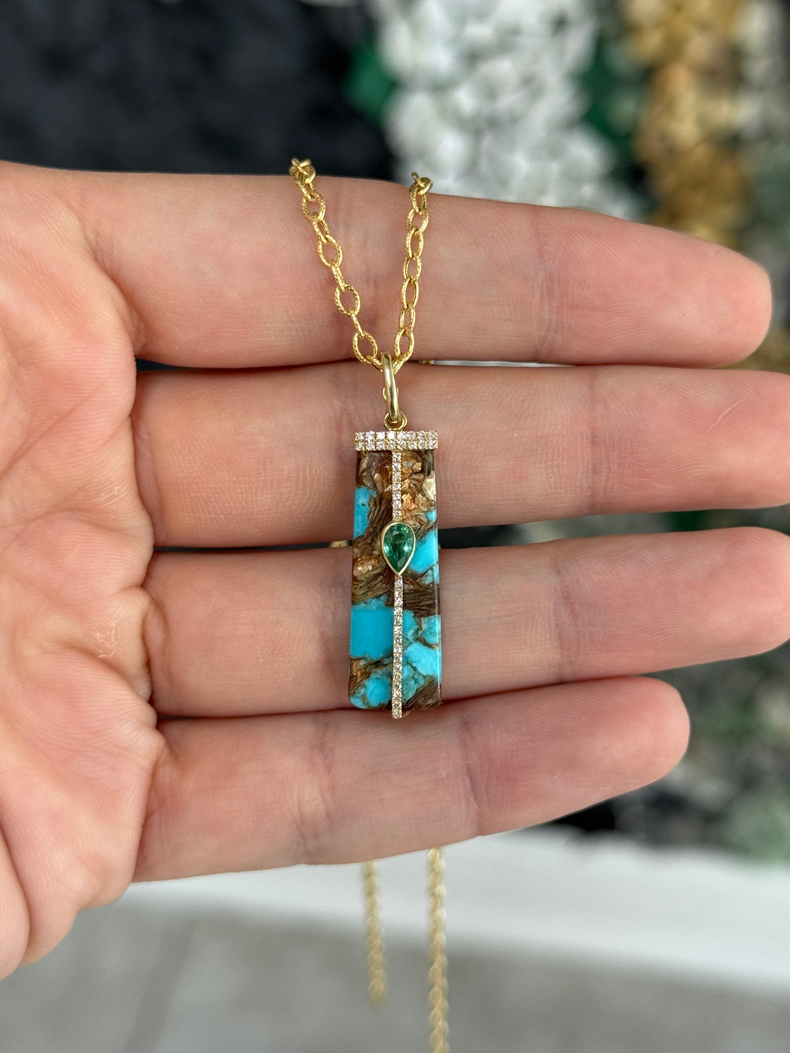 6.08tcw 14K Natural Turquoise, Emerald, & Diamond Pave Pebble Pendant