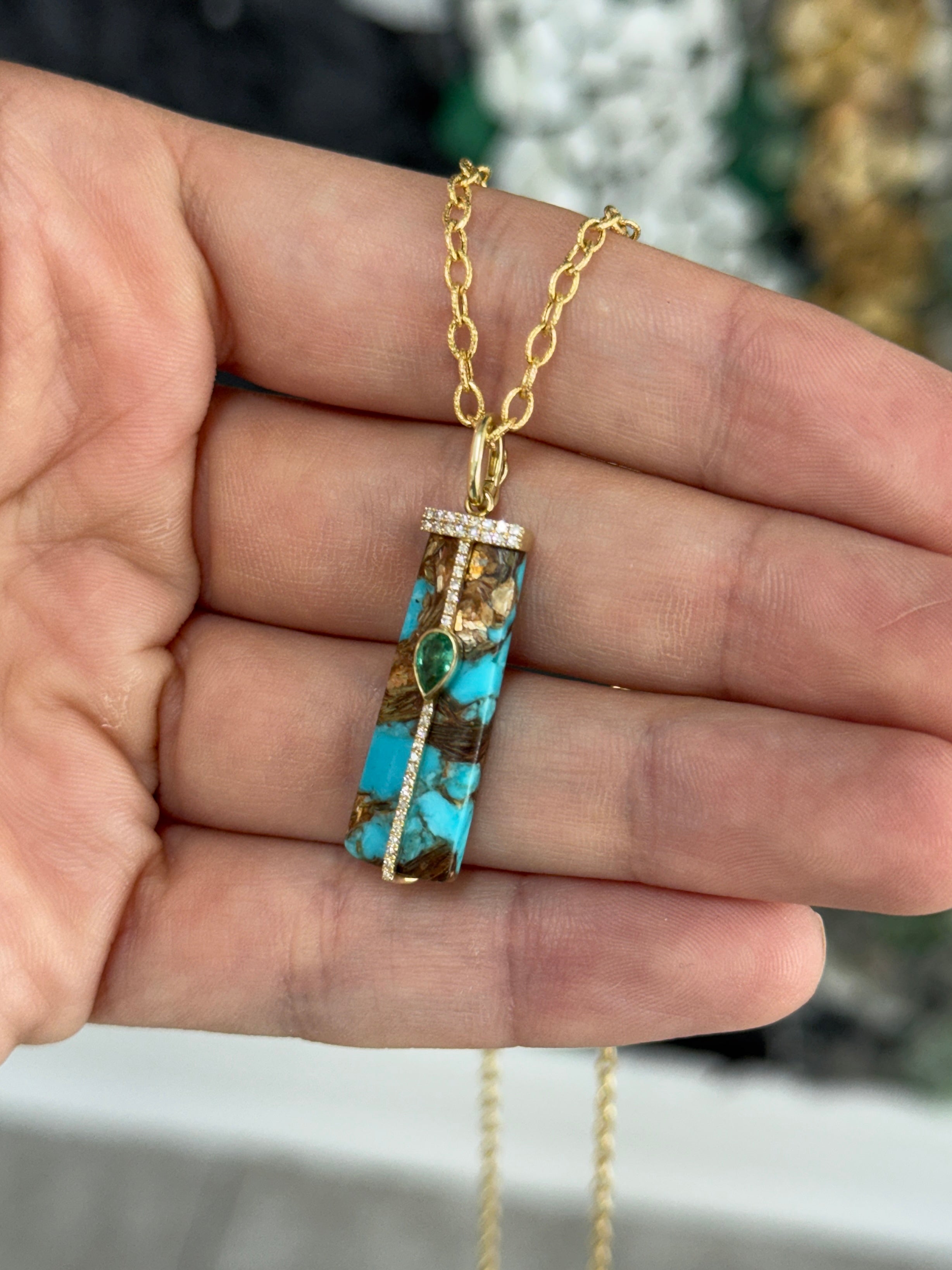 6.08tcw 14K Natural Turquoise, Emerald, & Diamond Pave Pebble Pendant