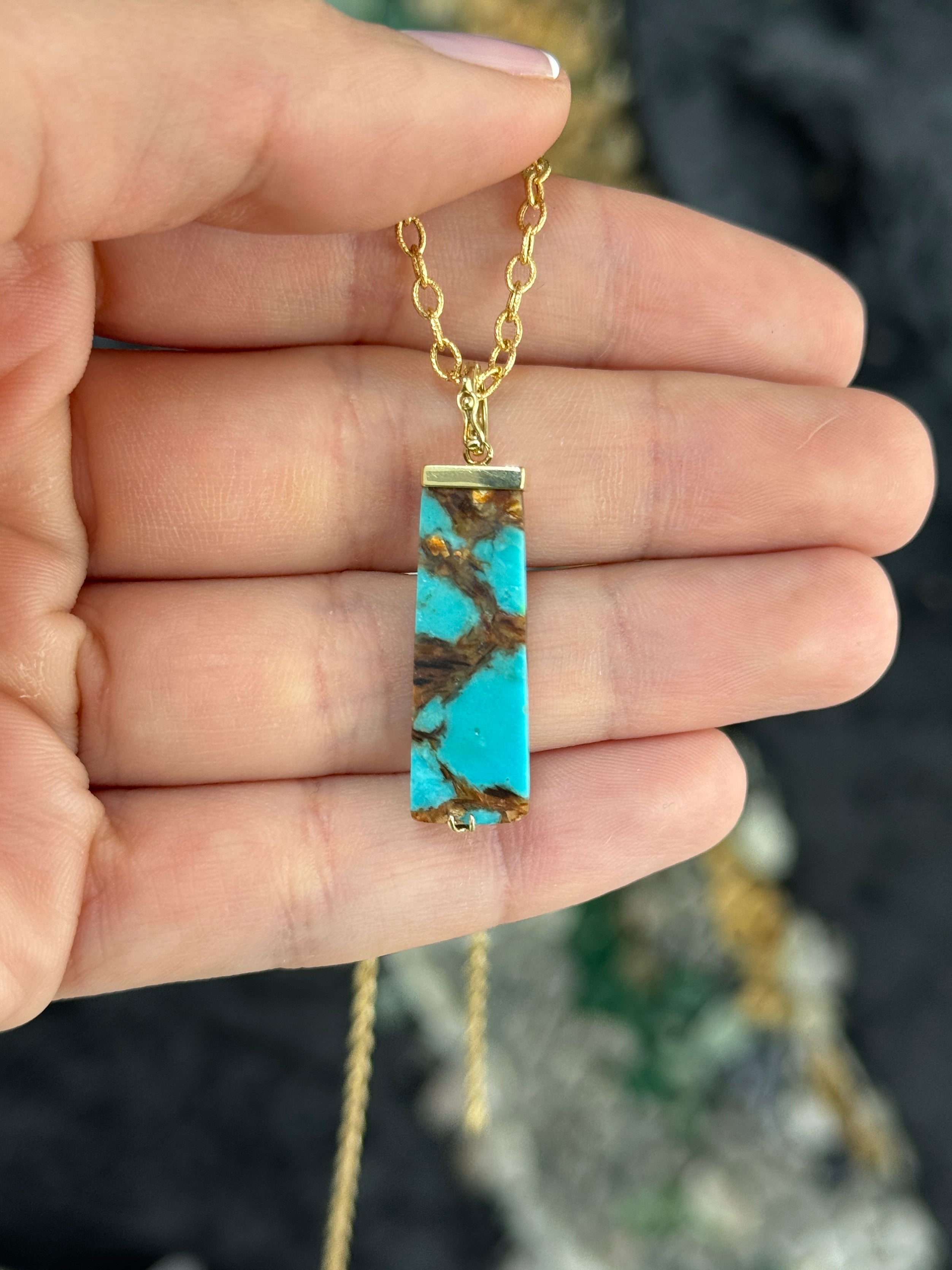 6.08tcw 14K Natural Turquoise, Emerald, & Diamond Pave Pebble Pendant