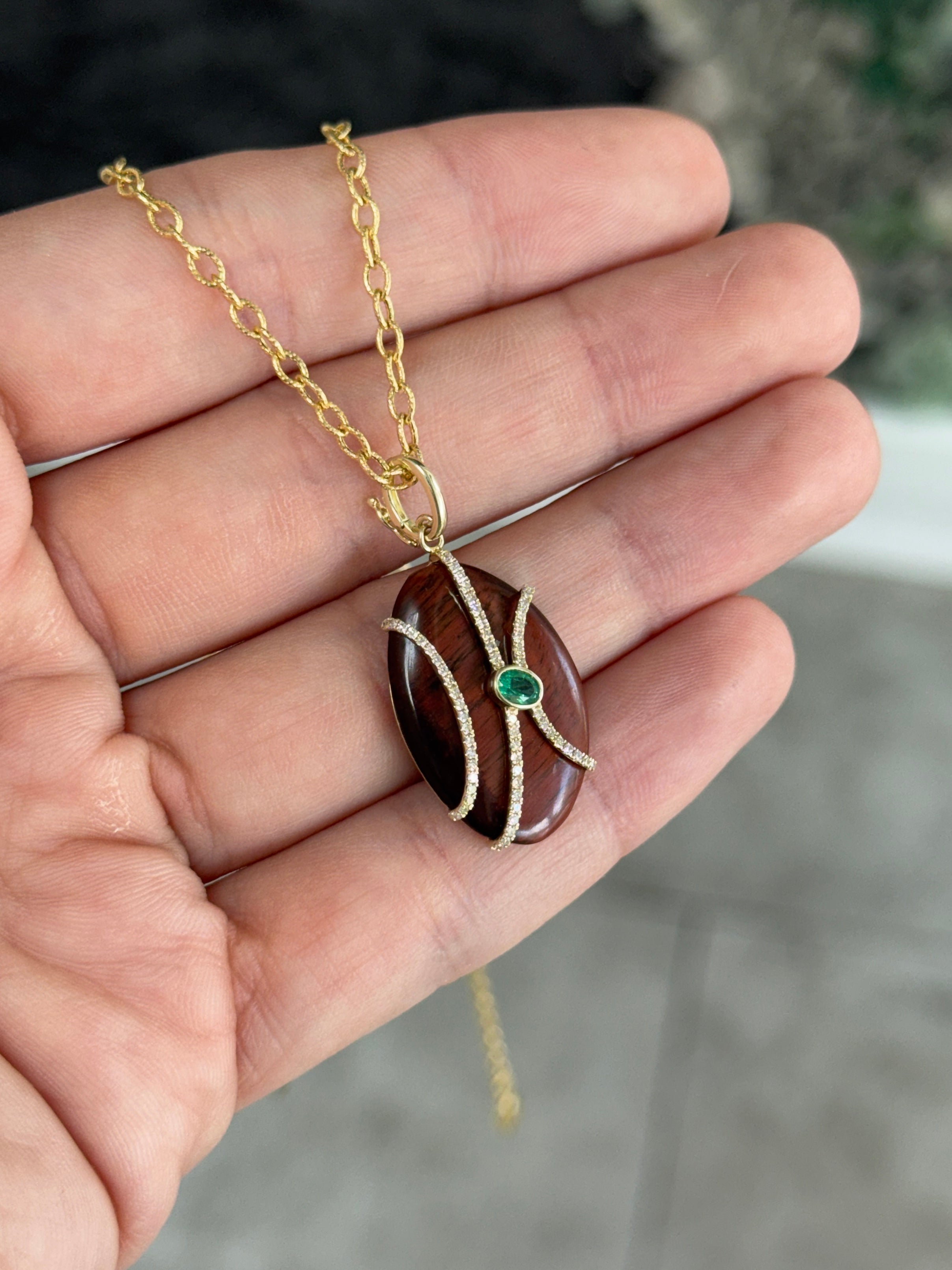 8.24tcw 14K Natural Tigers Eye, Emerald & Diamond Pave Pebble Pendant