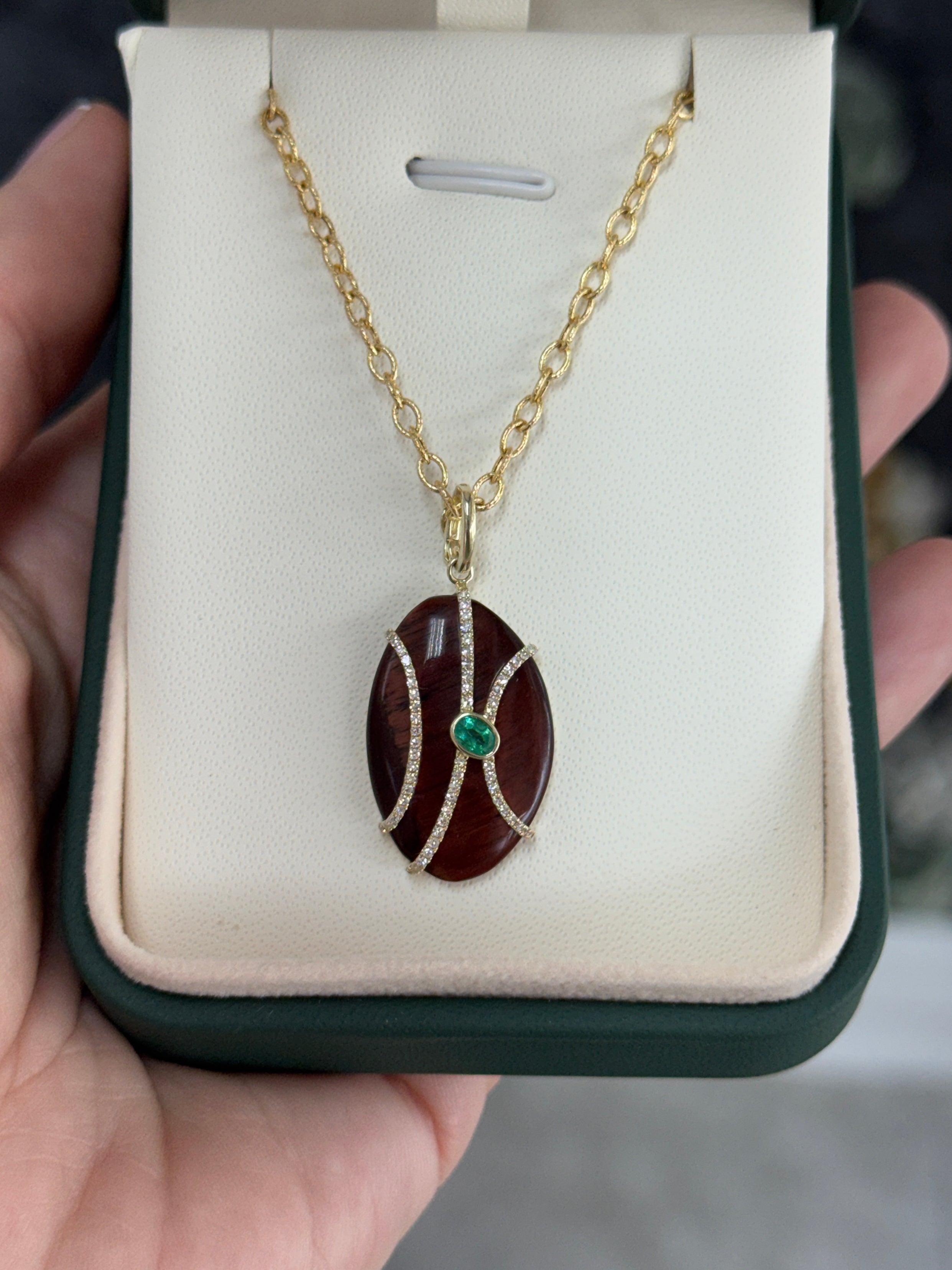 8.24tcw 14K Natural Tigers Eye, Emerald & Diamond Pave Pebble Pendant