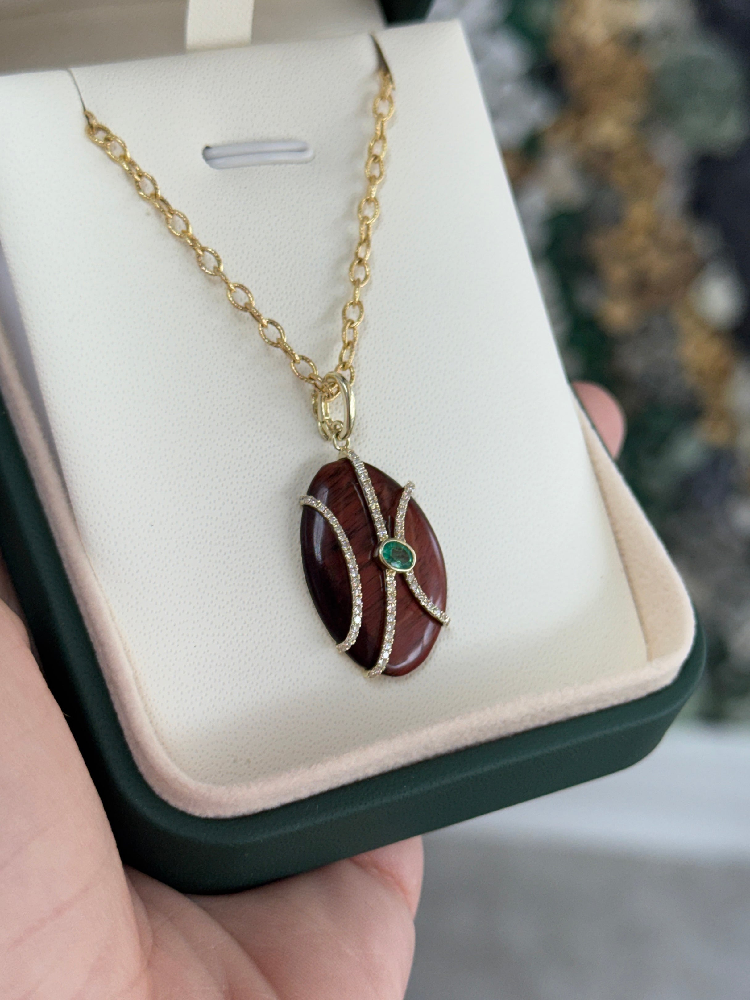 8.24tcw 14K Natural Tigers Eye, Emerald & Diamond Pave Pebble Pendant