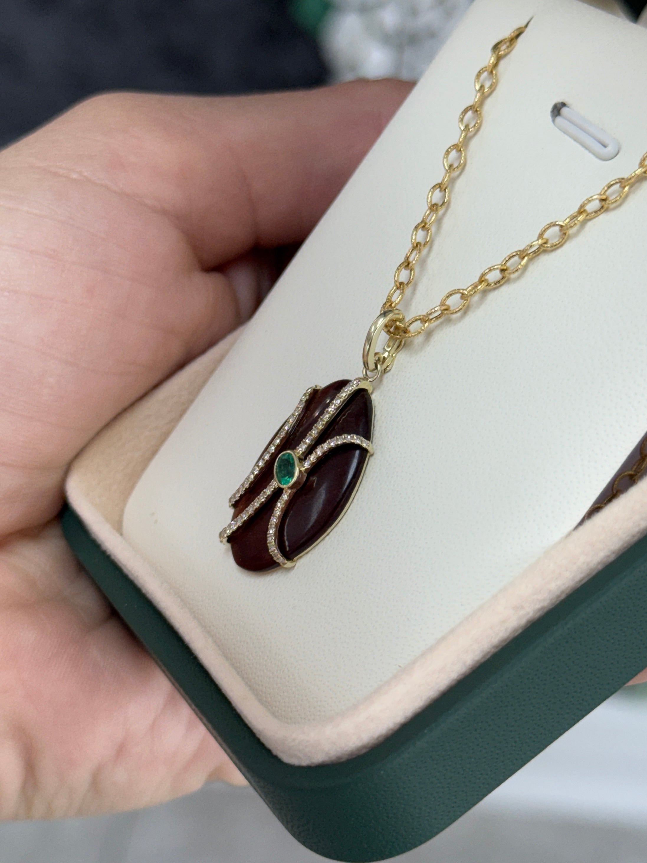 8.24tcw 14K Natural Tigers Eye, Emerald & Diamond Pave Pebble Pendant