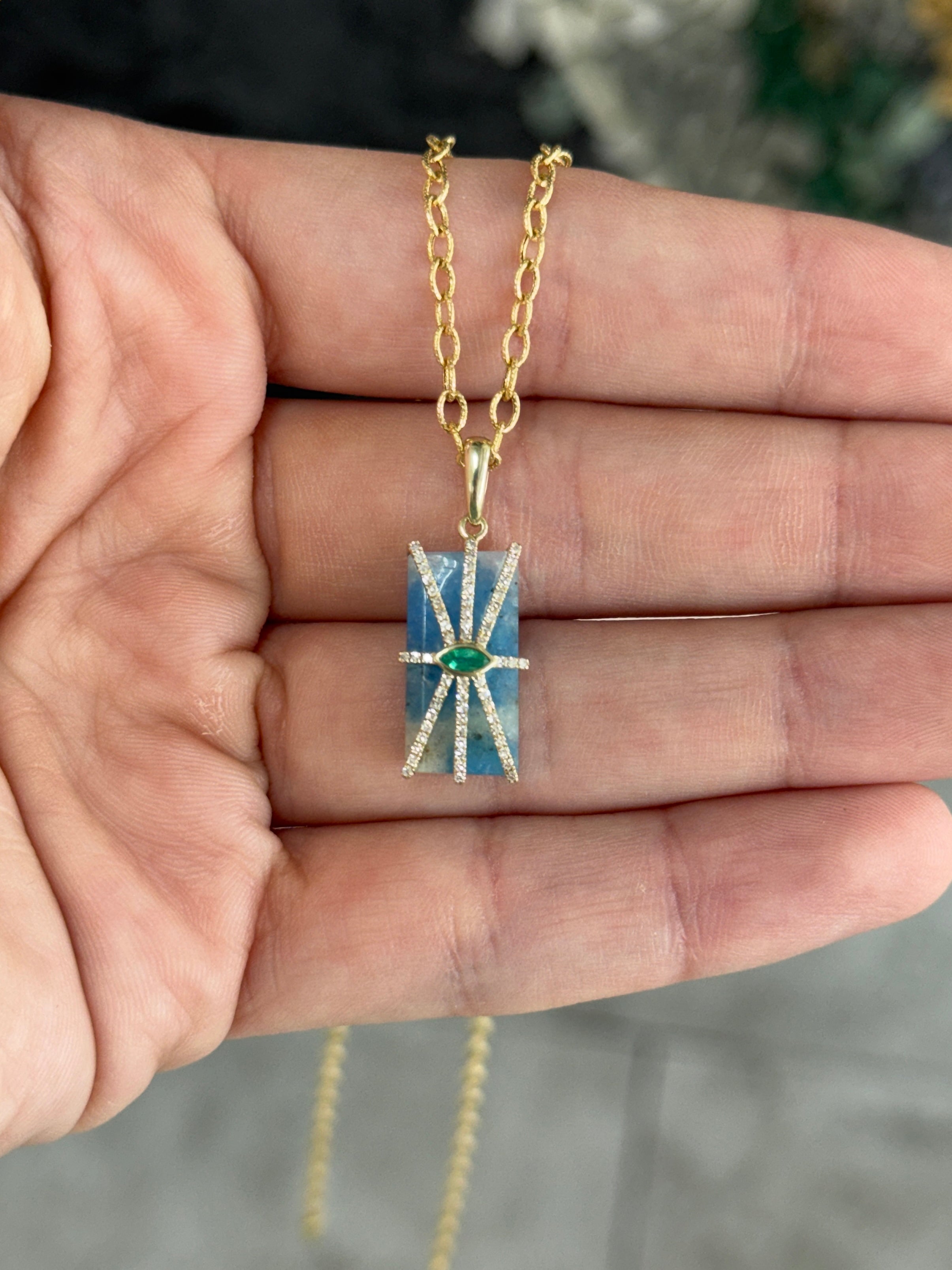 6.56tcw 14K Azurite, Emerald, & Diamond Pebble Pendant