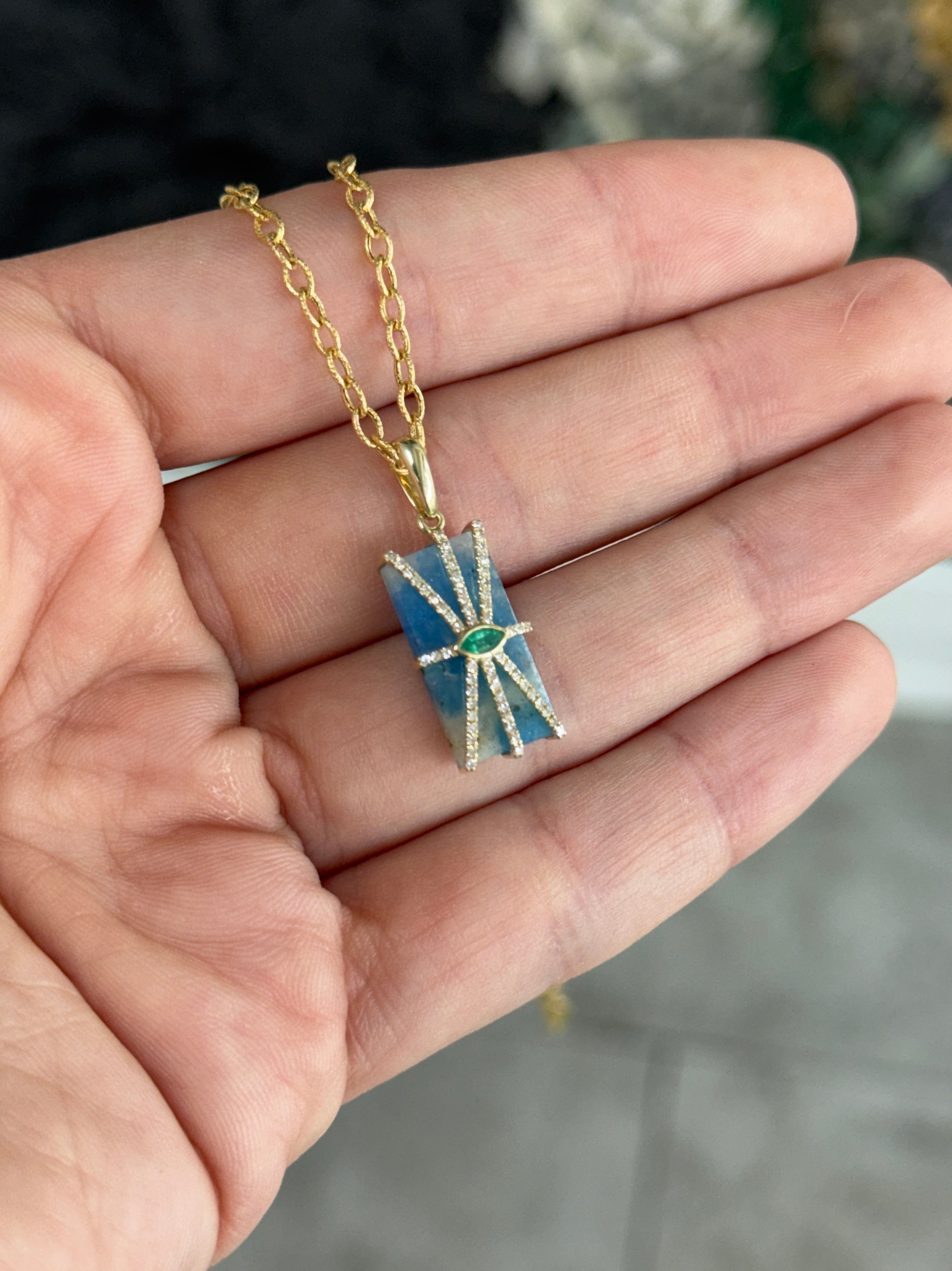 6.56tcw 14K Azurite, Emerald, & Diamond Pebble Pendant