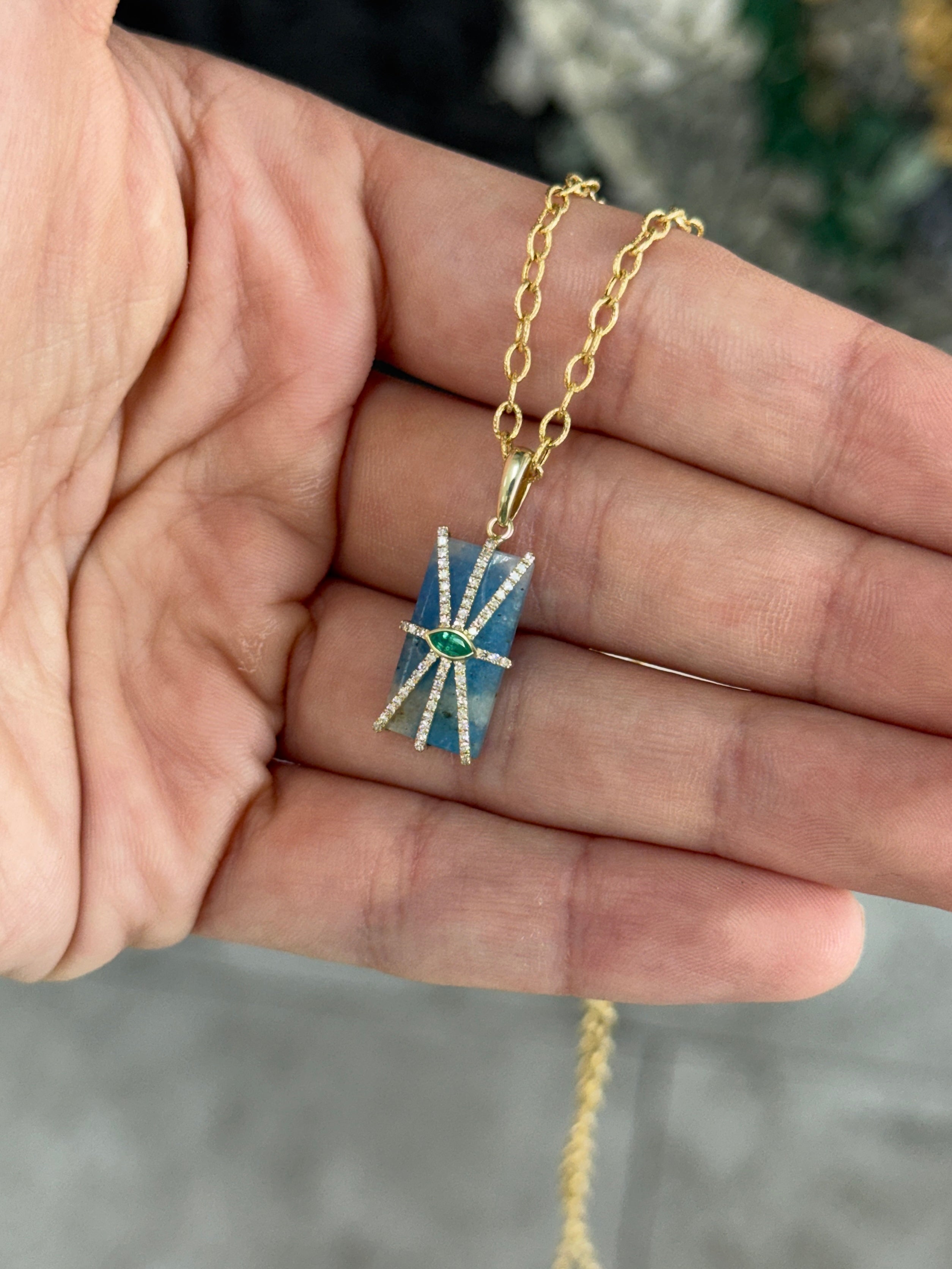 6.56tcw 14K Azurite, Emerald, & Diamond Pebble Pendant