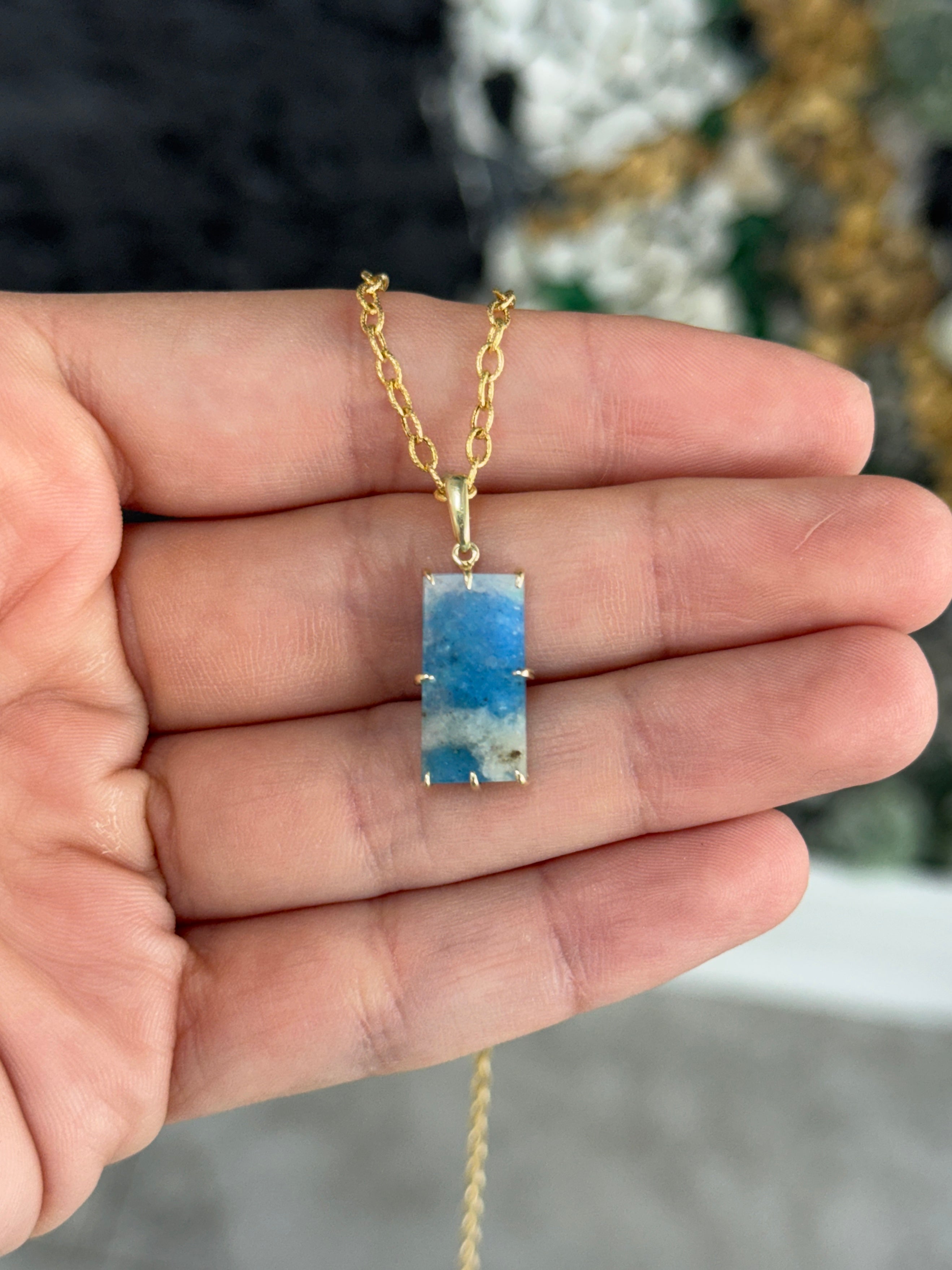 6.56tcw 14K Azurite, Emerald, & Diamond Pebble Pendant