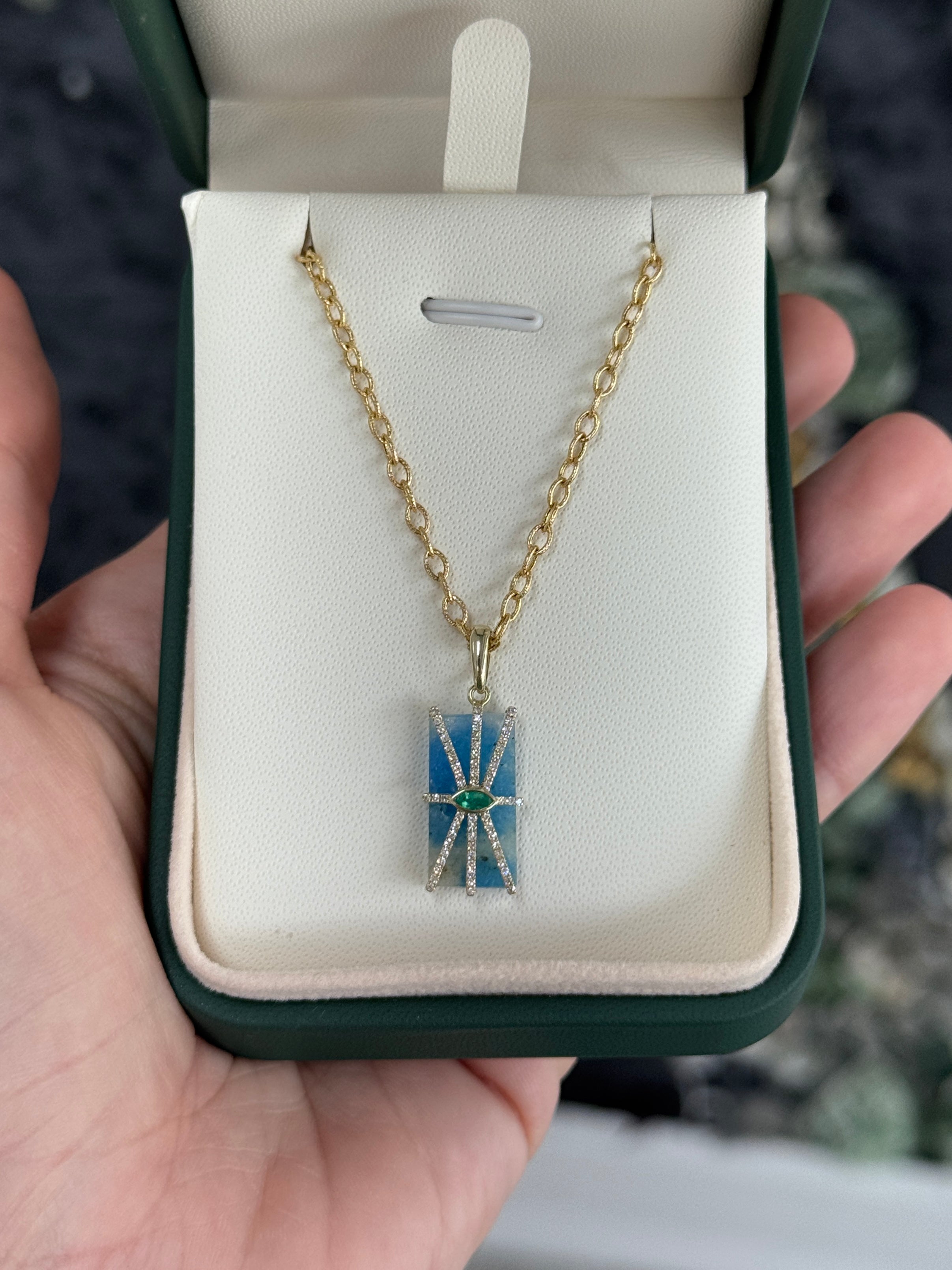 6.56tcw 14K Azurite, Emerald, & Diamond Pebble Pendant