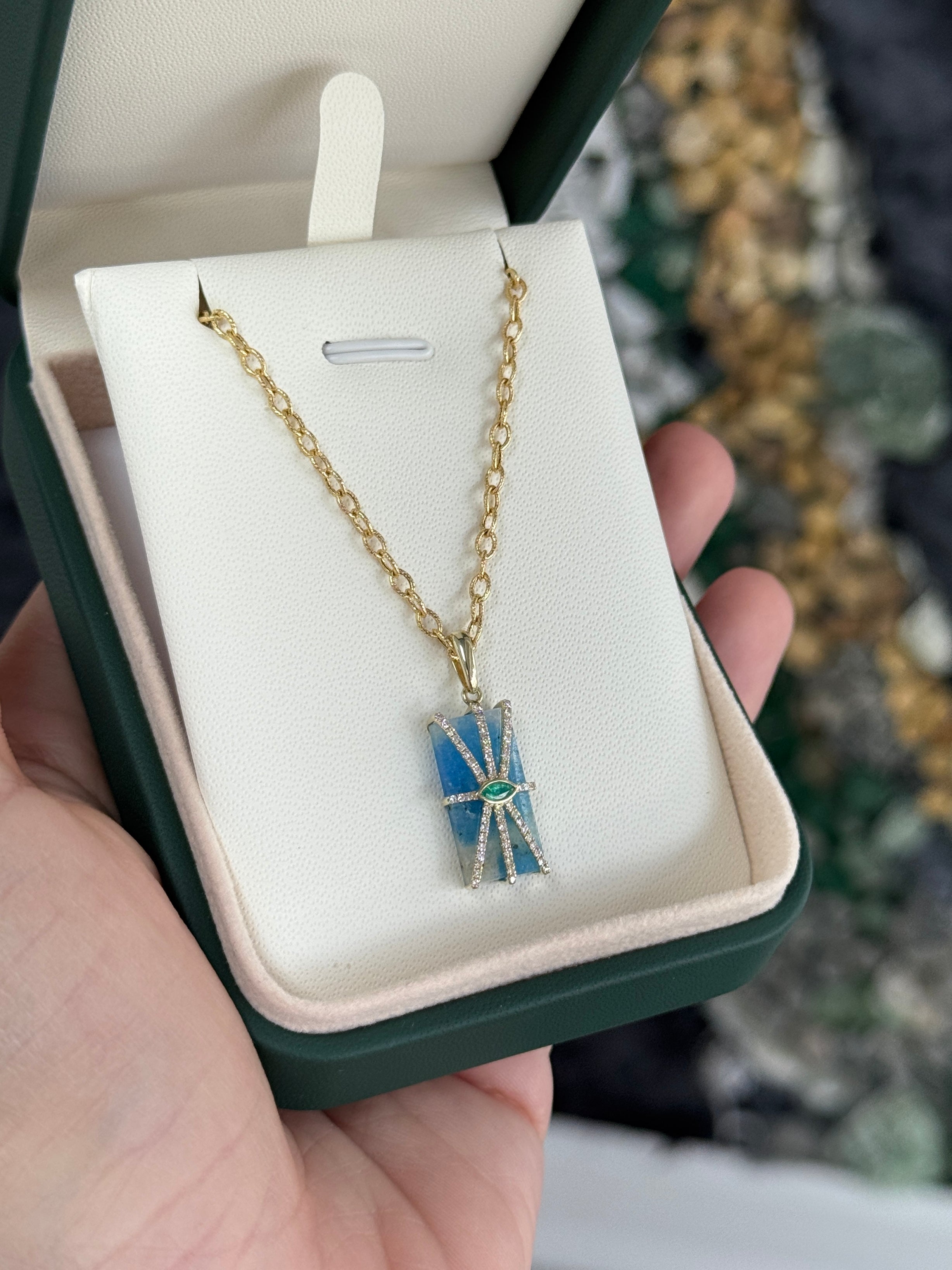 6.56tcw 14K Azurite, Emerald, & Diamond Pebble Pendant