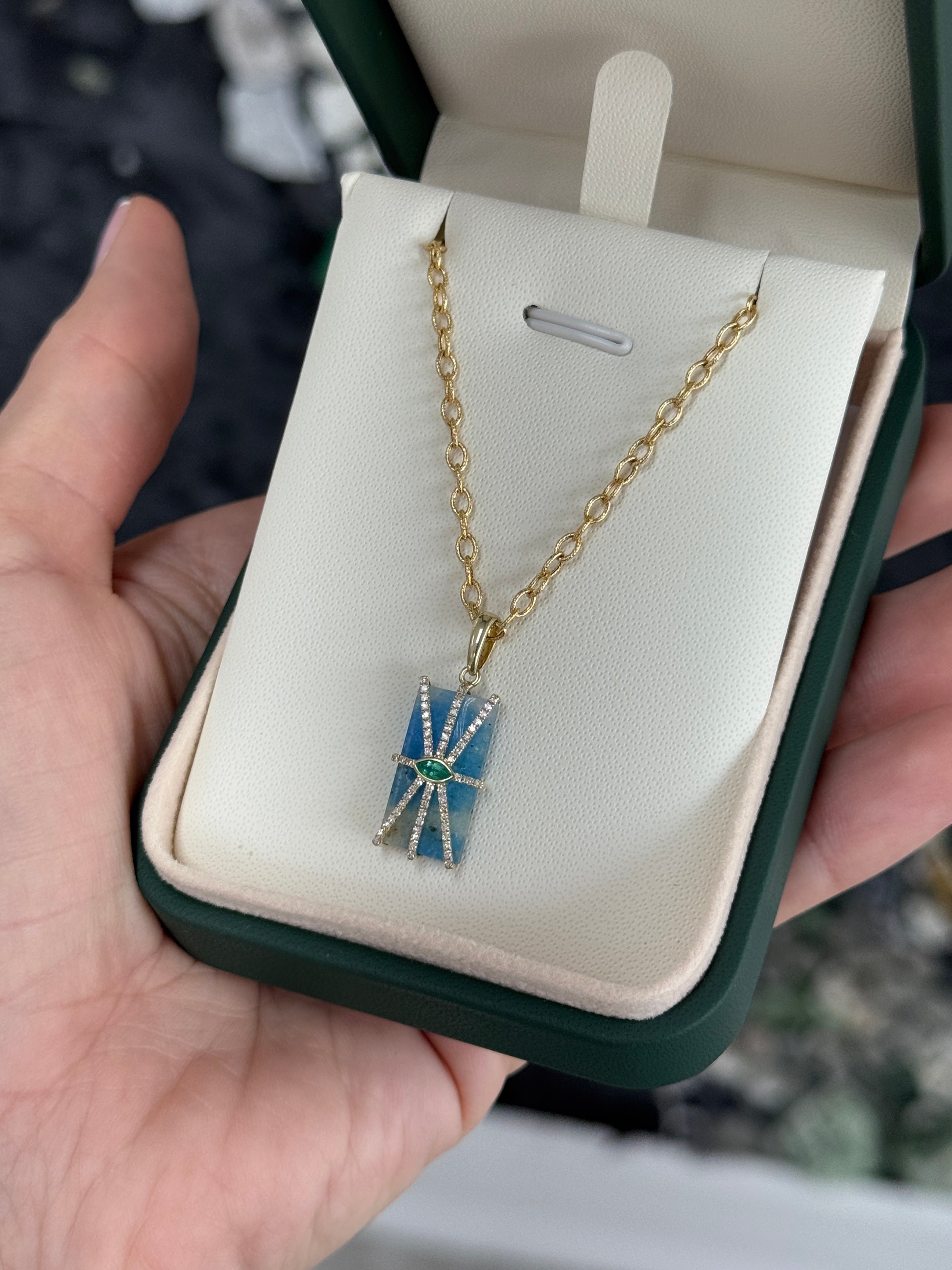 6.56tcw 14K Azurite, Emerald, & Diamond Pebble Pendant