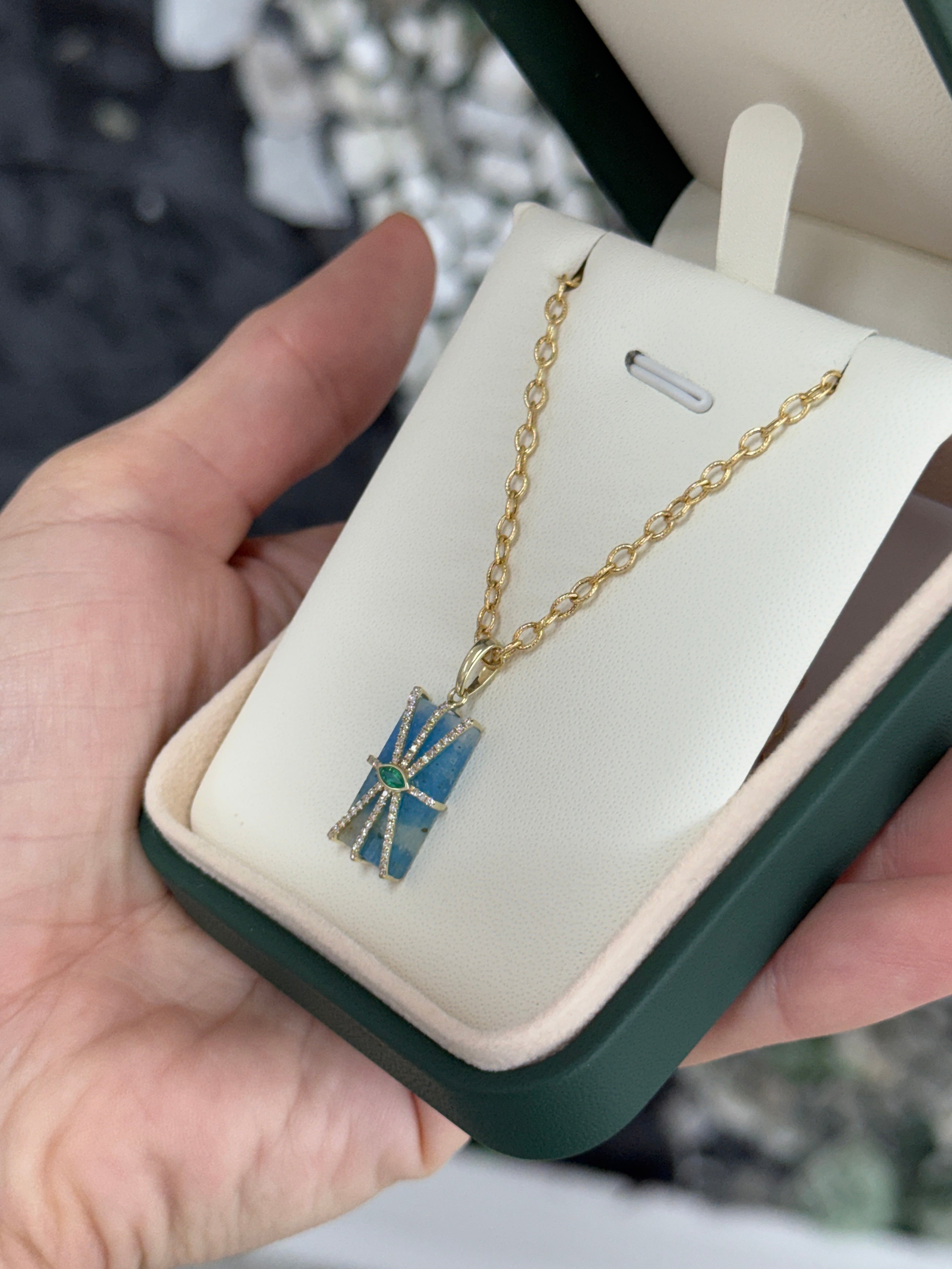 6.56tcw 14K Azurite, Emerald, & Diamond Pebble Pendant