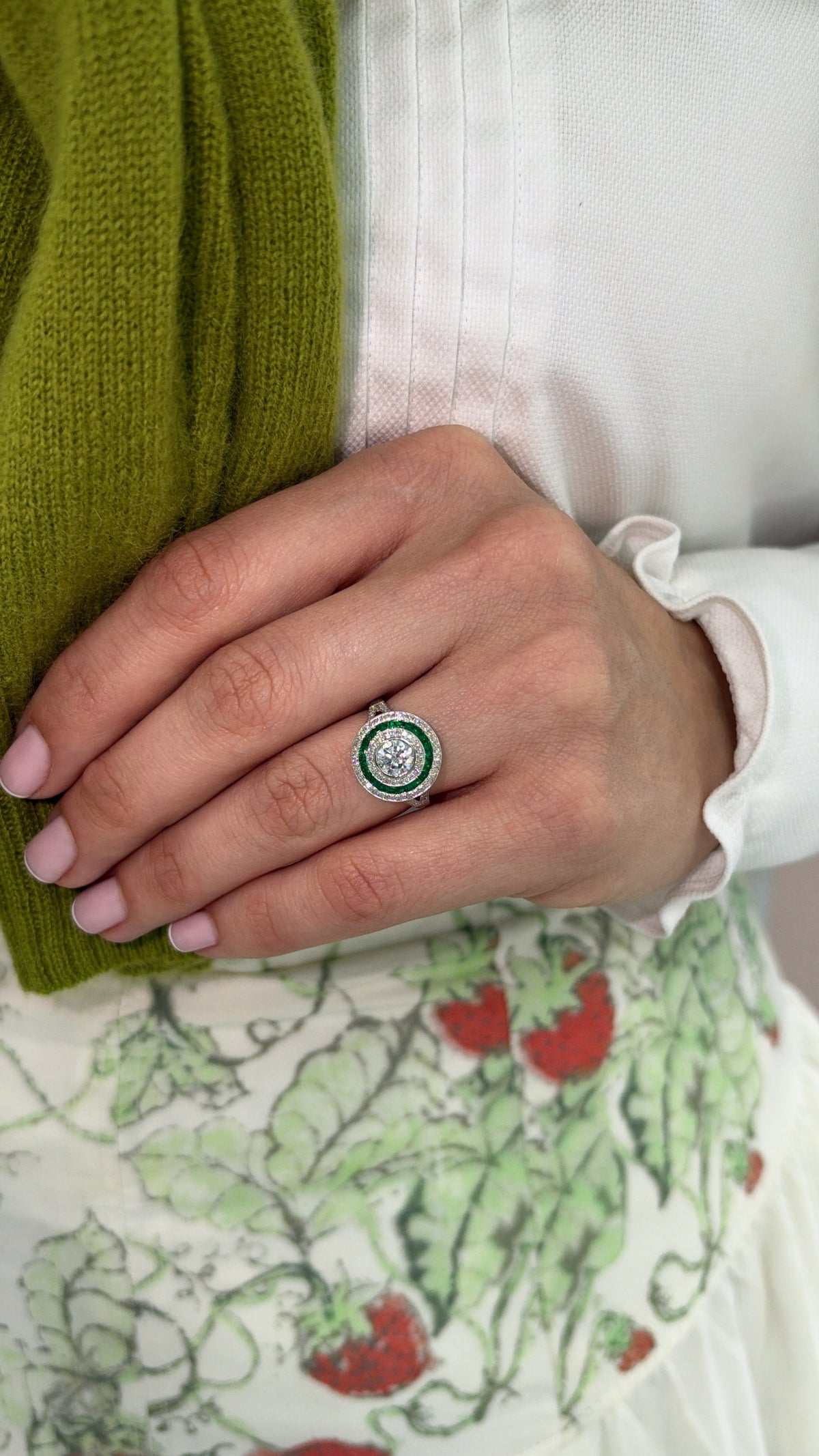 1.28tcw PLAT Natural Brilliant Round Diamond & Emerald Target Halo Ring Halo
