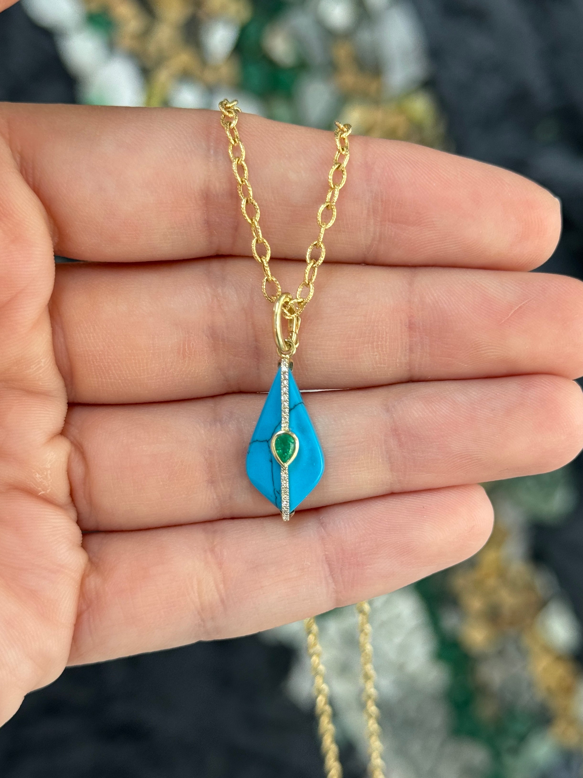 4.26tcw 14K Natural Turquoise, Emerald, & Diamond Pebble Pendant
