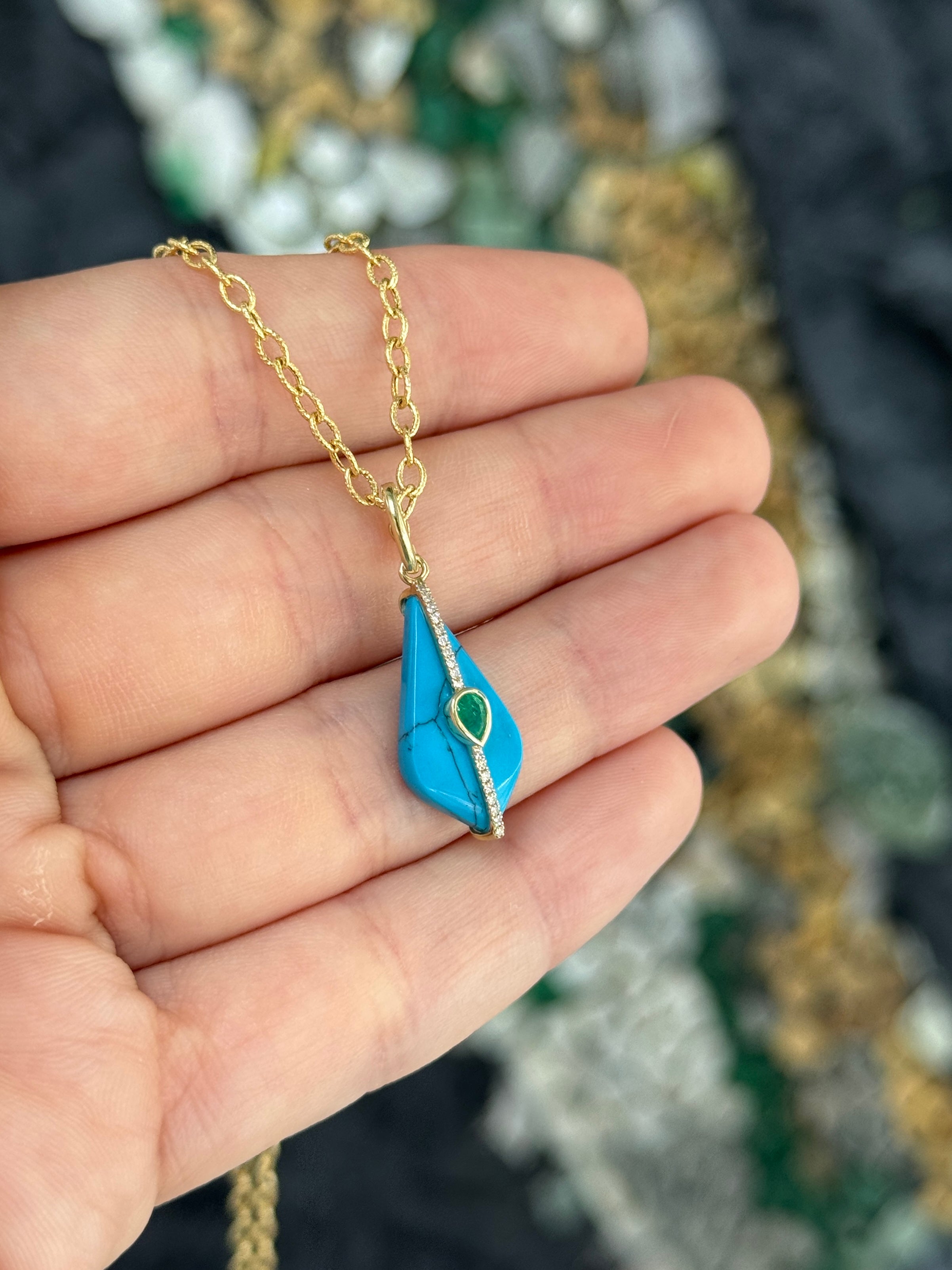 4.26tcw 14K Natural Turquoise, Emerald, & Diamond Pebble Pendant
