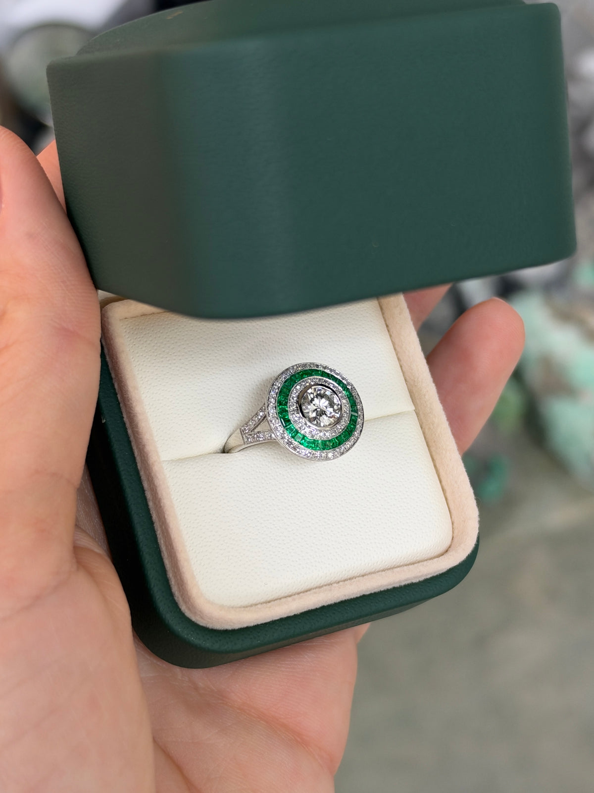 1.28tcw PLAT Natural Brilliant Round Diamond & Emerald Target Halo Ring Halo