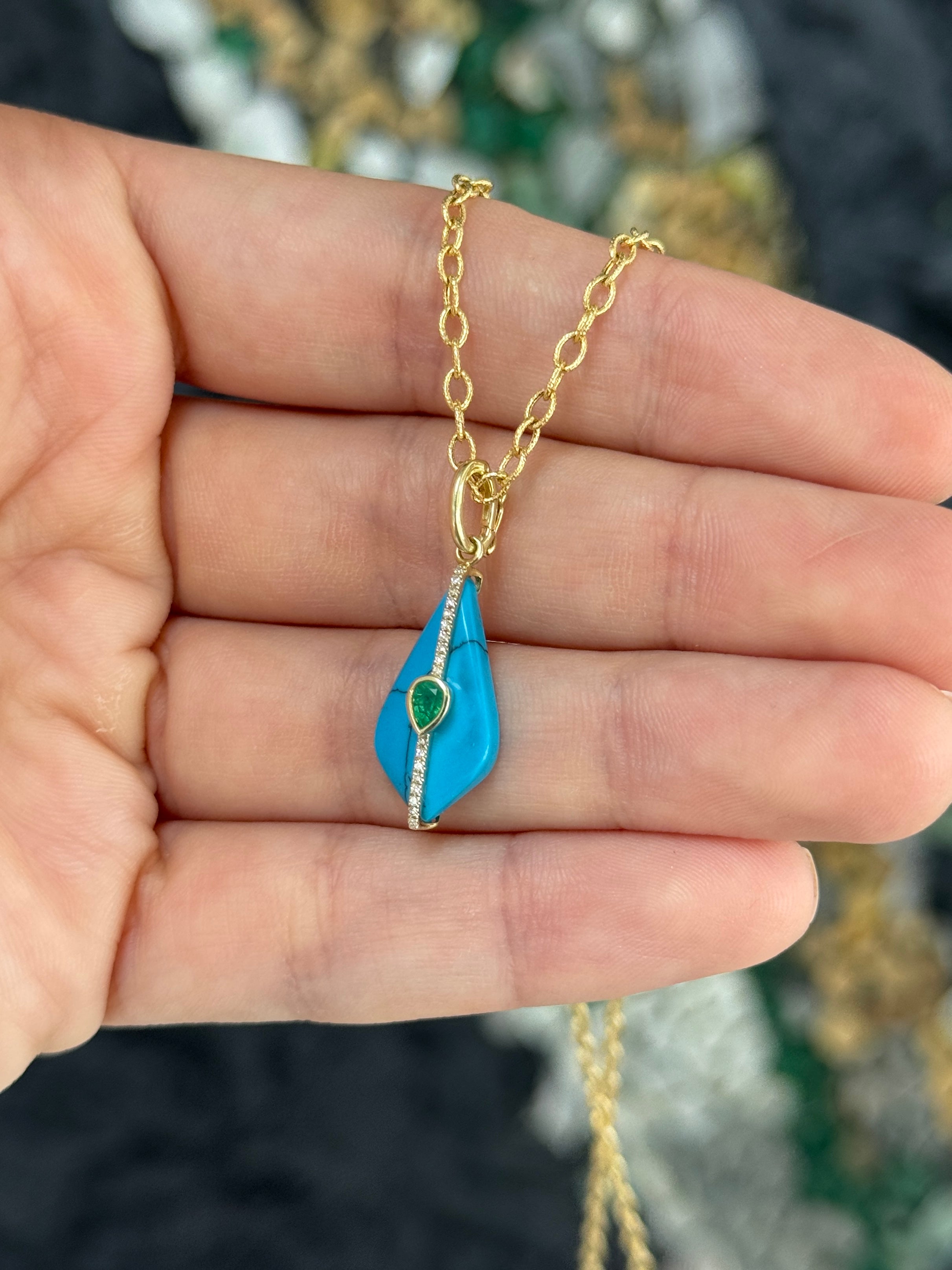 4.26tcw 14K Natural Turquoise, Emerald, & Diamond Pebble Pendant