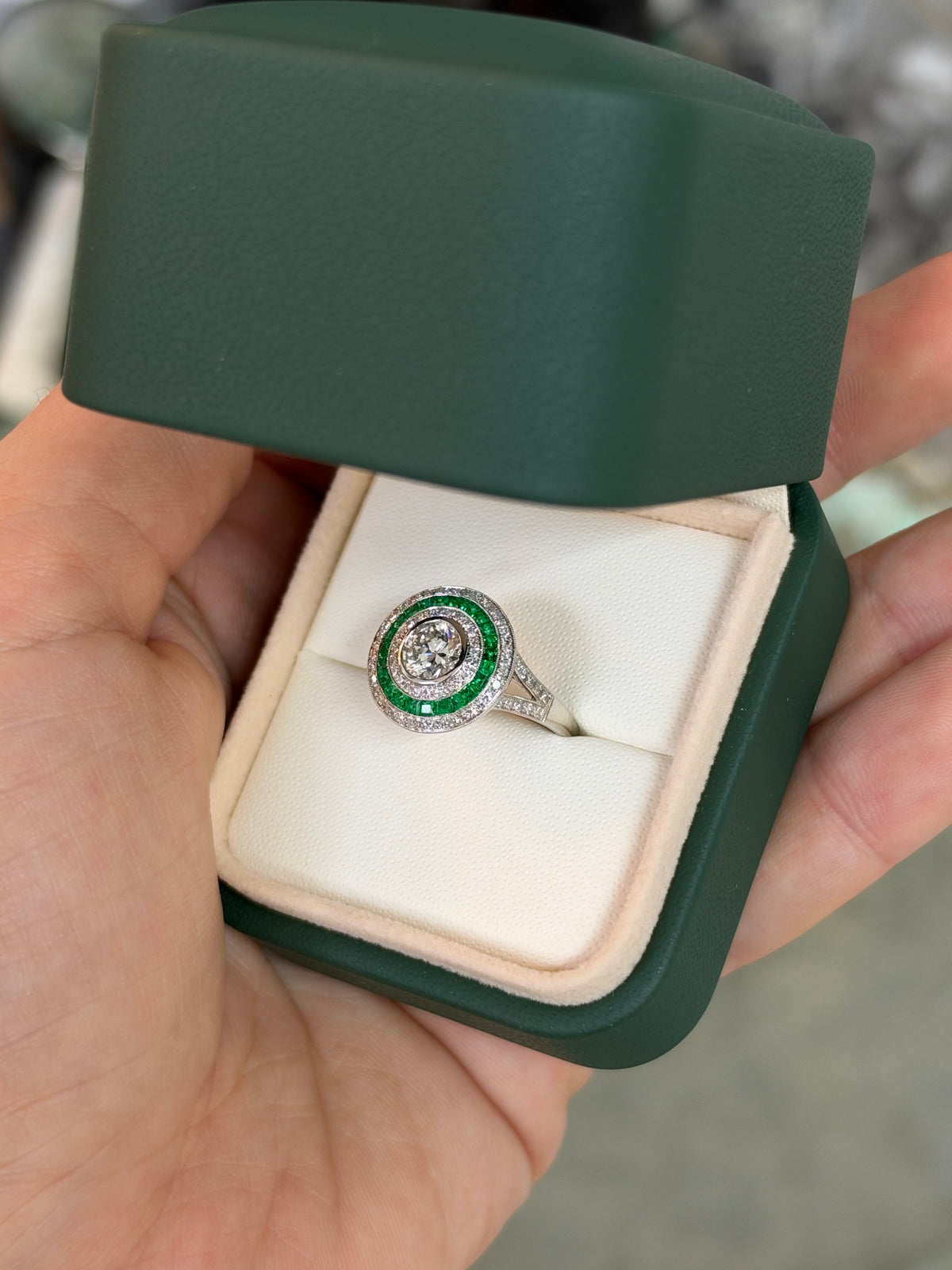 1.28tcw PLAT Natural Brilliant Round Diamond & Emerald Target Halo Ring Halo