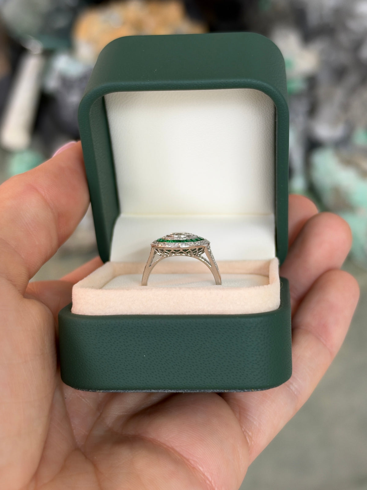 1.28tcw PLAT Natural Brilliant Round Diamond & Emerald Target Halo Ring Halo