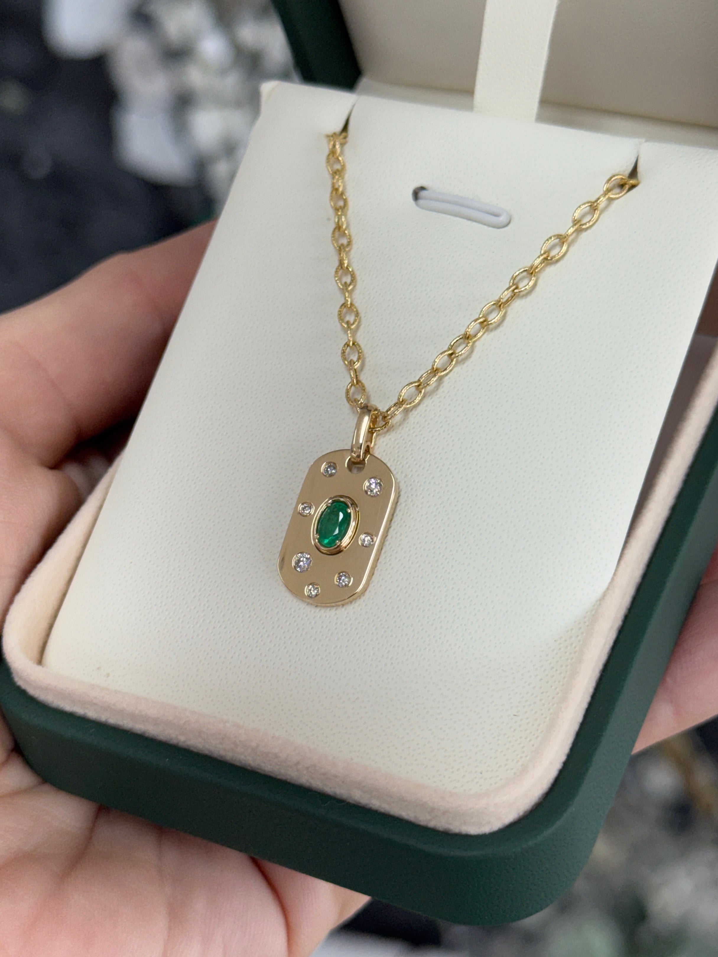 14K Natural Oval Cut Emerald & Diamond Dog Tag Pendant