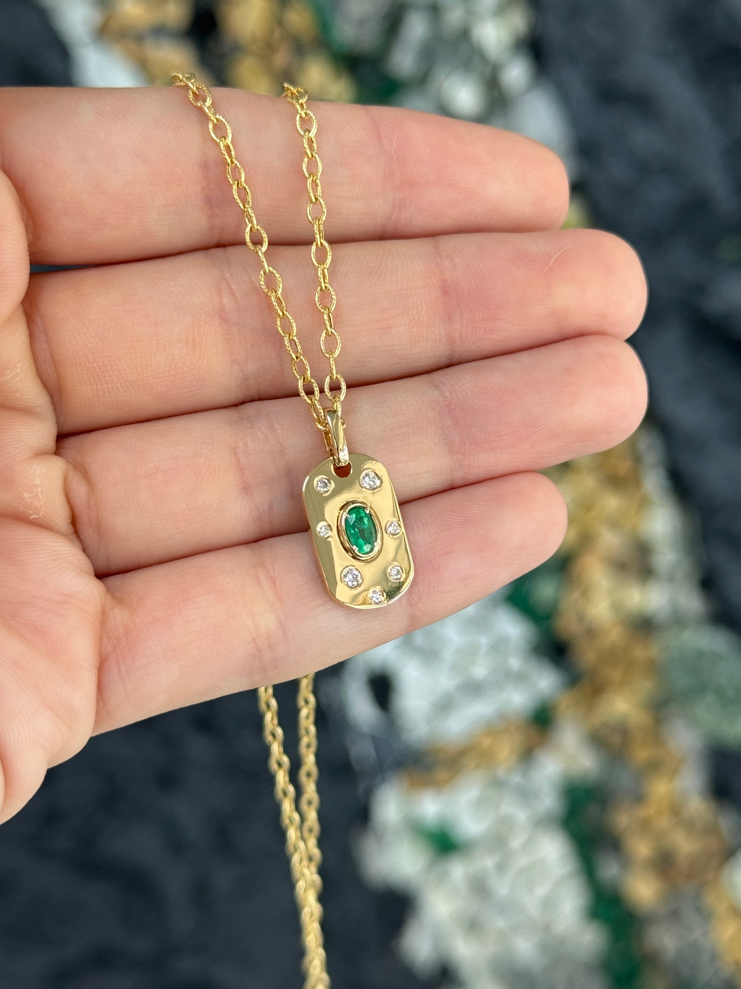 14K Natural Oval Cut Emerald & Diamond Dog Tag Pendant