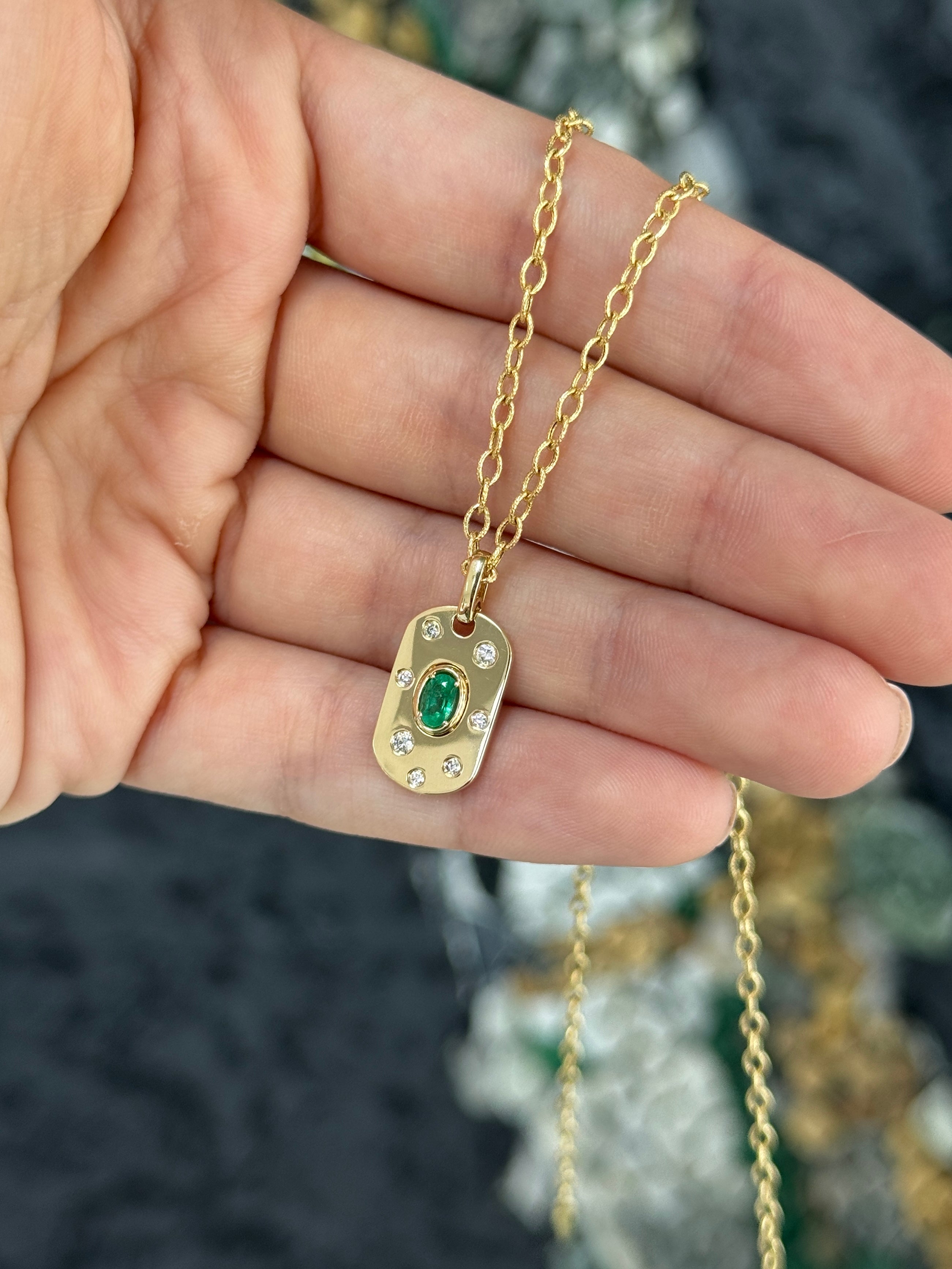 14K Natural Oval Cut Emerald & Diamond Dog Tag Pendant