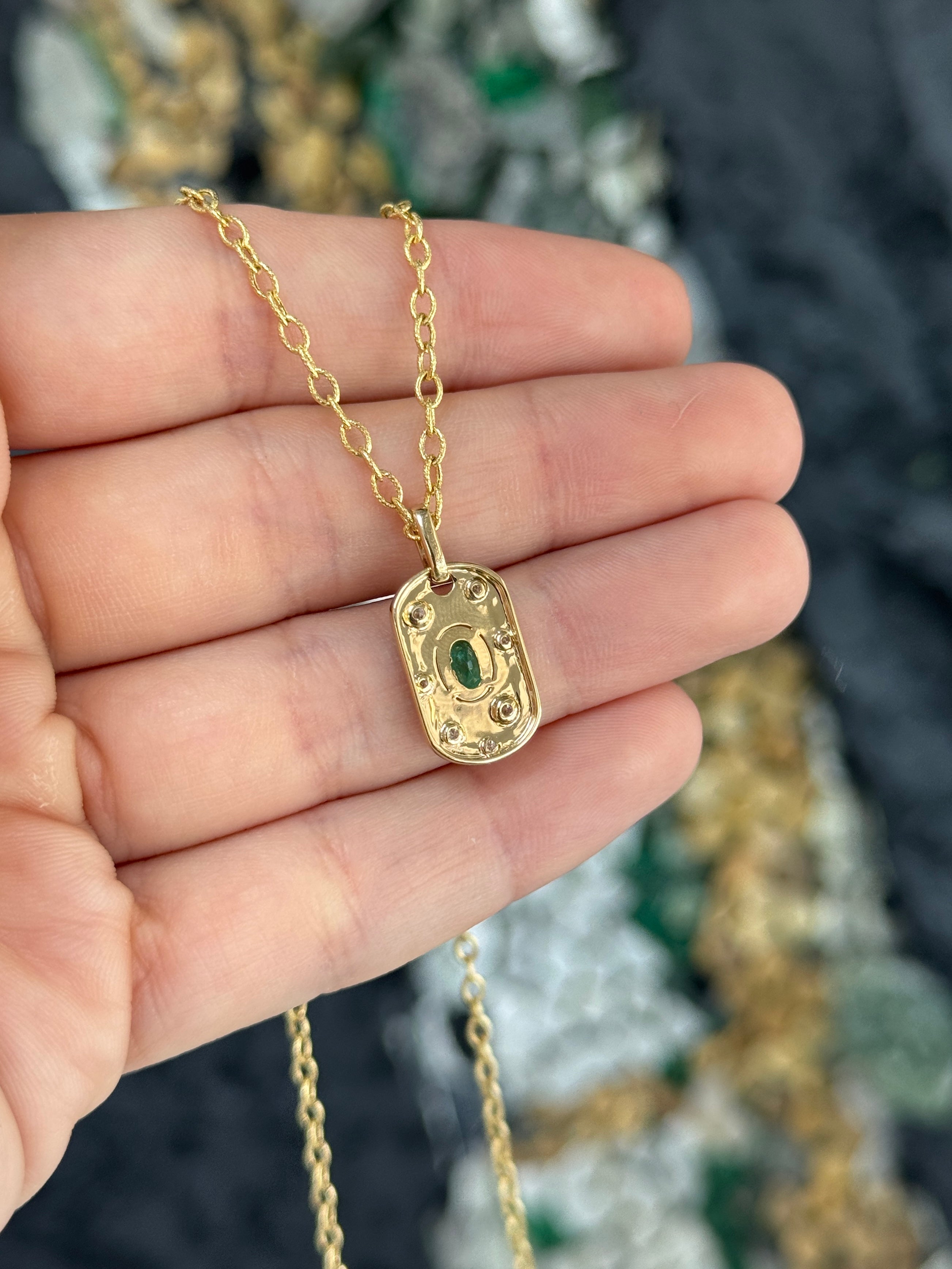 14K Natural Oval Cut Emerald & Diamond Dog Tag Pendant