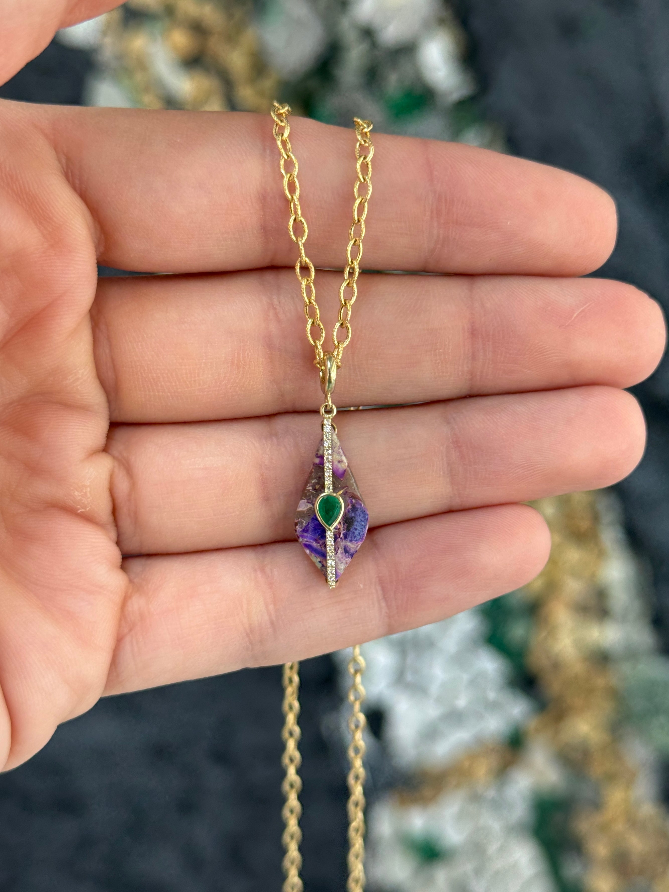 3.94tcw 14K Natural Purple Jasper, Emerald, & Diamond Pebble Pendant