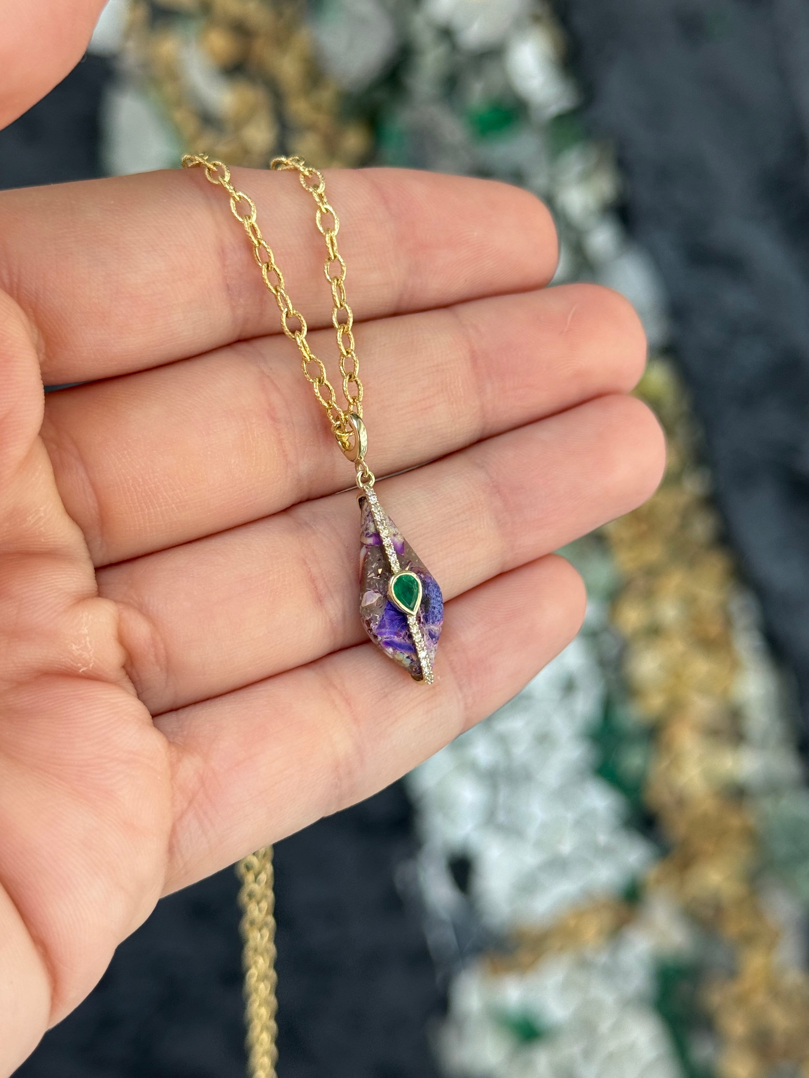 3.94tcw 14K Natural Purple Jasper, Emerald, & Diamond Pebble Pendant