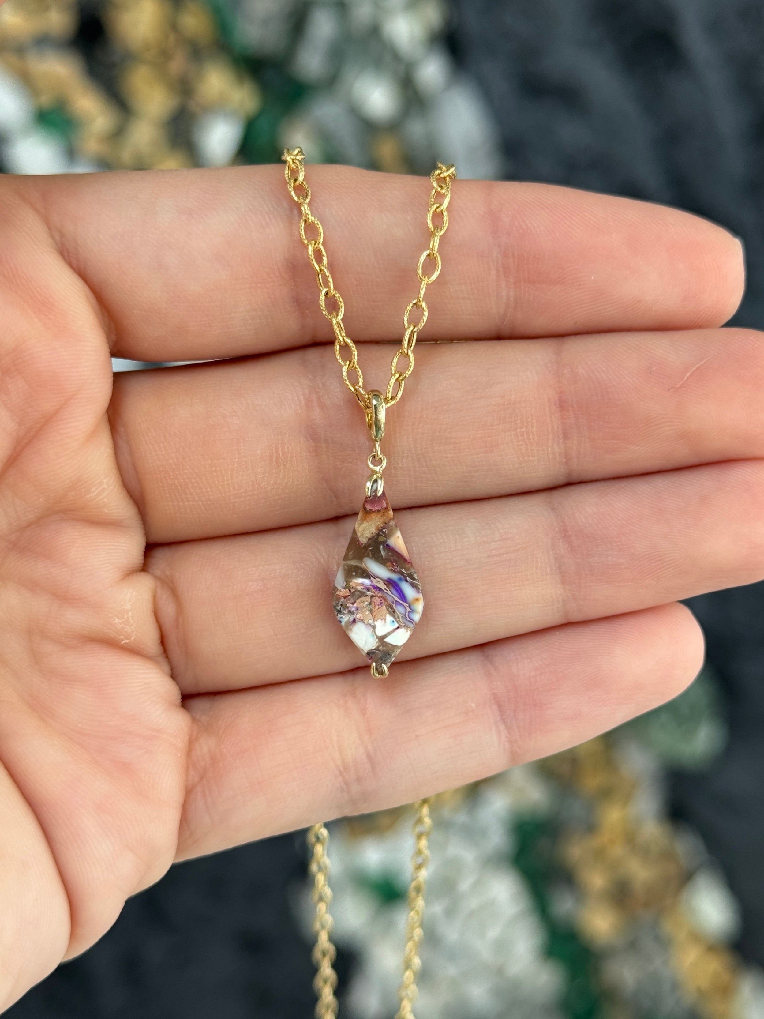3.94tcw 14K Natural Purple Jasper, Emerald, & Diamond Pebble Pendant