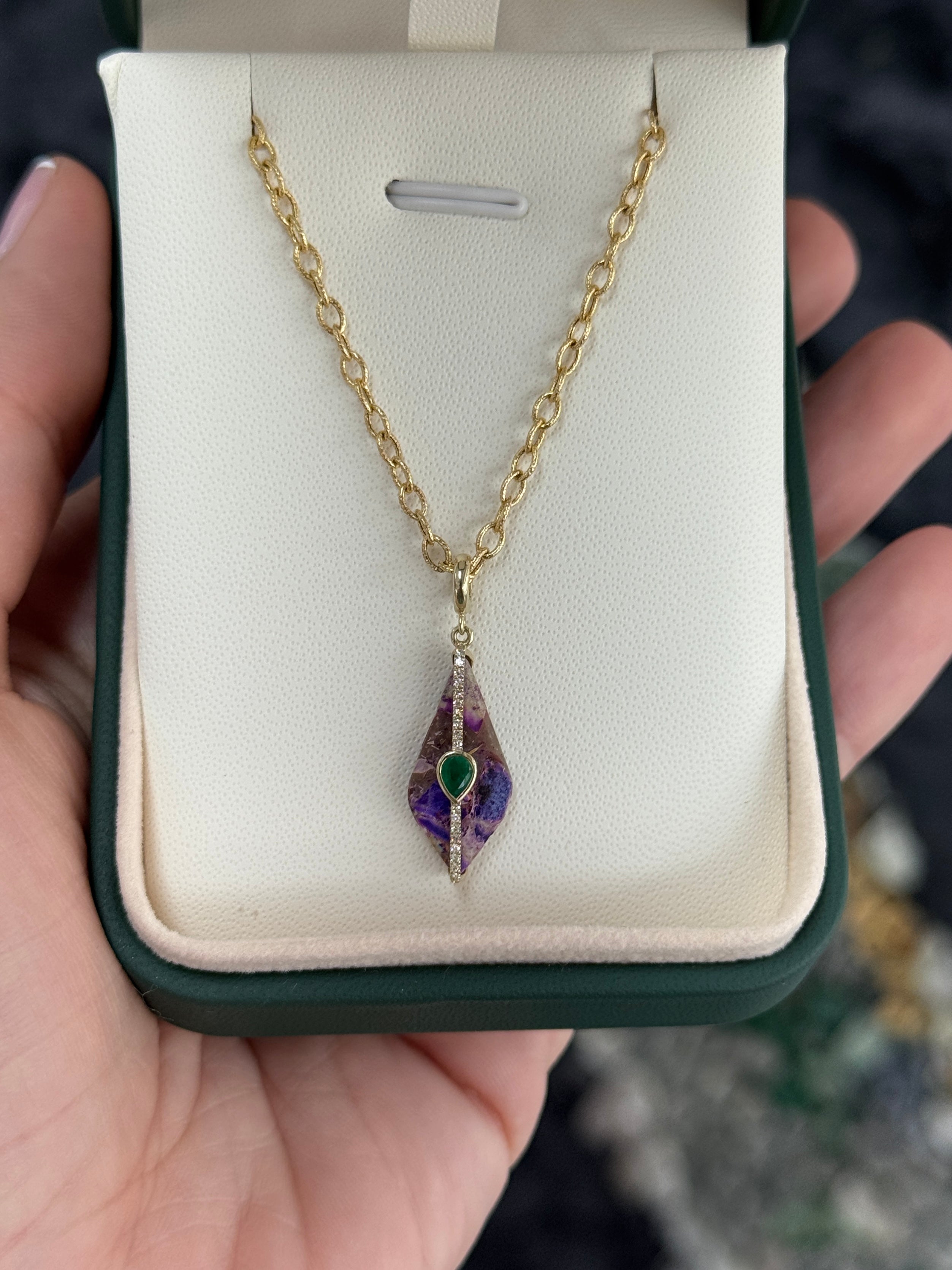 3.94tcw 14K Natural Purple Jasper, Emerald, & Diamond Pebble Pendant