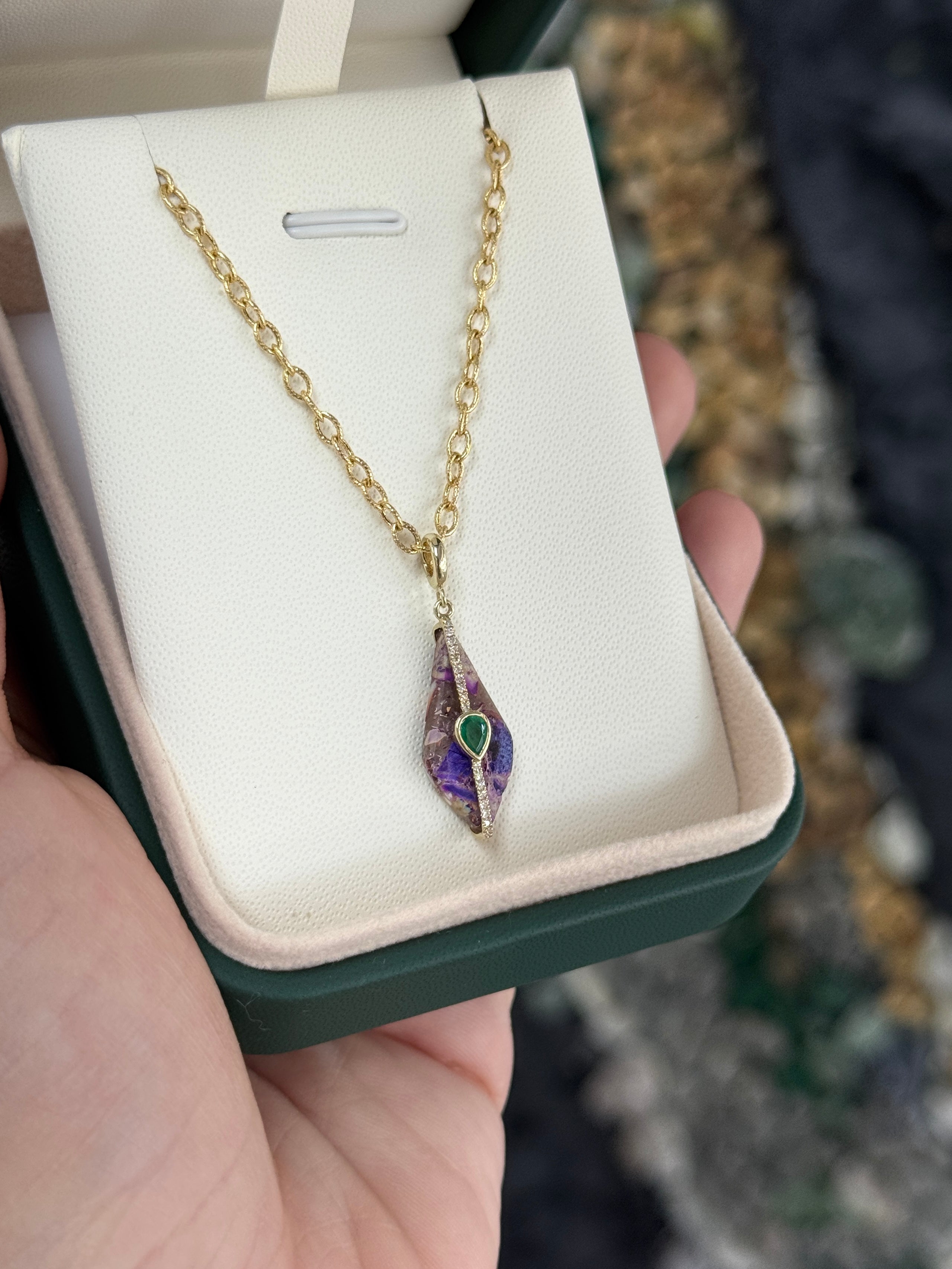 3.94tcw 14K Natural Purple Jasper, Emerald, & Diamond Pebble Pendant