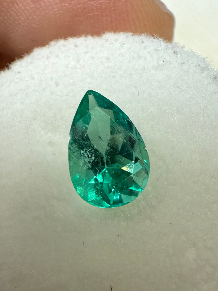1.36 carat 9x6 Medium Bluish Green Natural Loose Colombian Emerald-Pear Cut