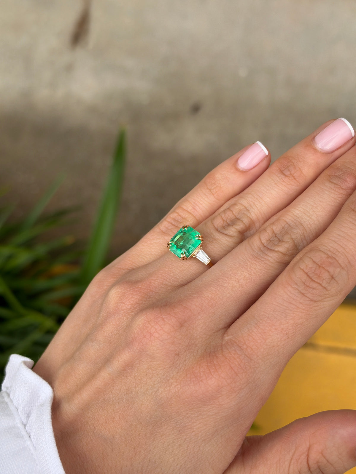 4.88tcw 18K Double Claw Asscher Cut Colombian Emerald & LAB Baguette Diamond Three Stone Ring