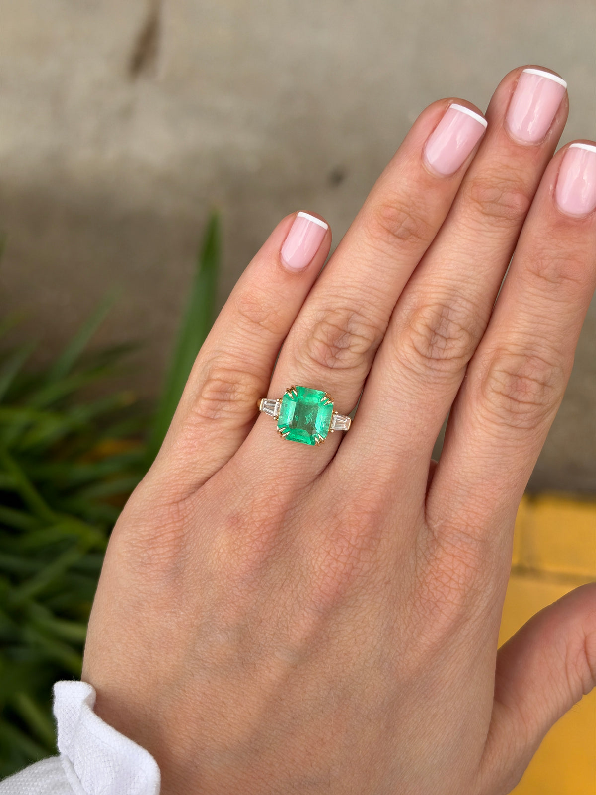 4.88tcw 18K Double Claw Asscher Cut Colombian Emerald & LAB Baguette Diamond Three Stone Ring