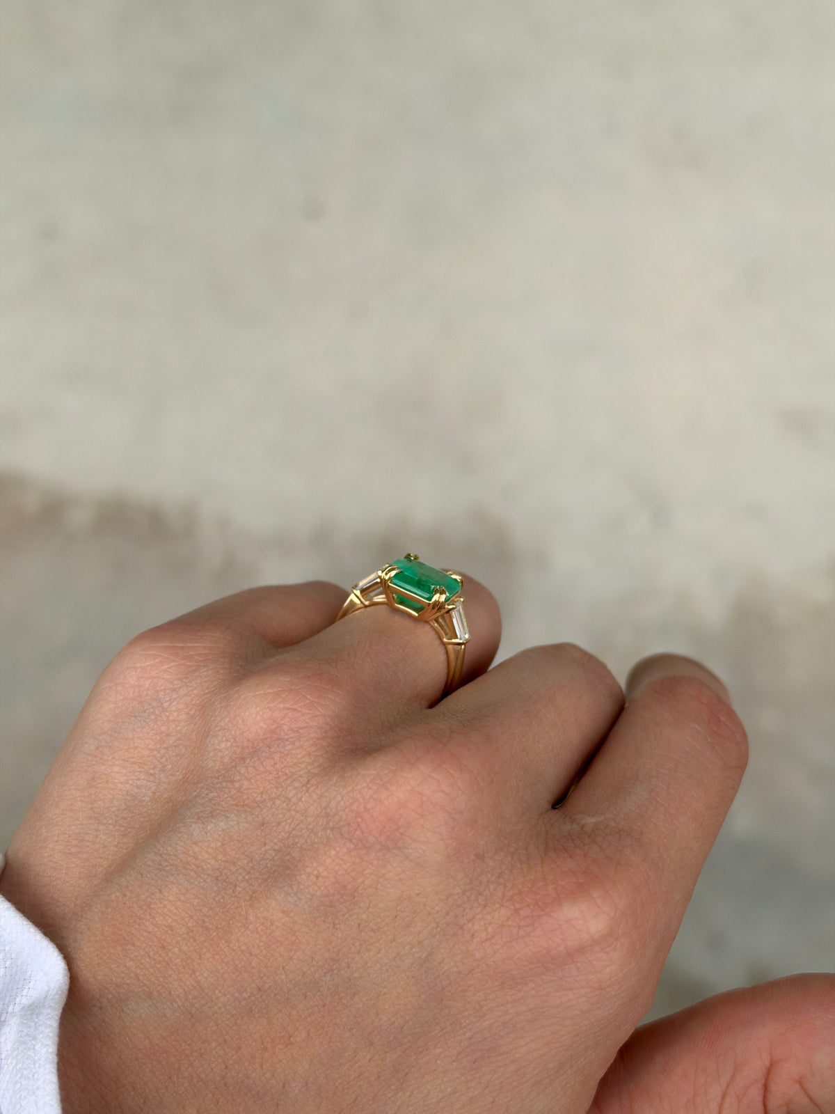 4.88tcw 18K Double Claw Asscher Cut Colombian Emerald & LAB Baguette Diamond Three Stone Ring